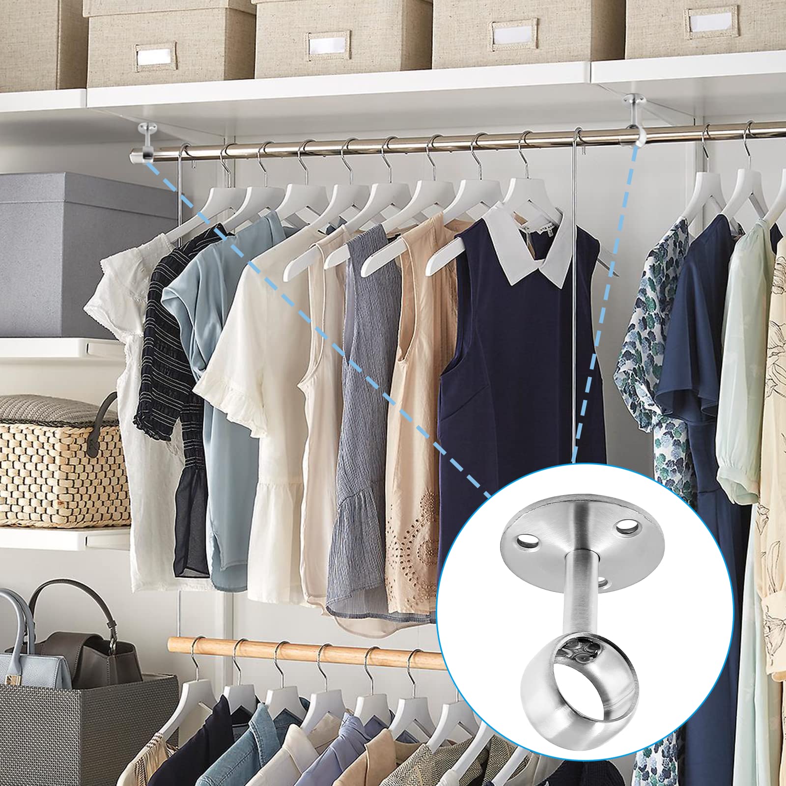 4Pcs Heavy Duty Stainless Steel Shower Curtain Rod Brackets - 3/4 Inch Ceiling Mount Flange Socket Closet Pole End Supports (2.1 Inch Height, Silver) for Wardrobe, Closet & Bathroom Organization
