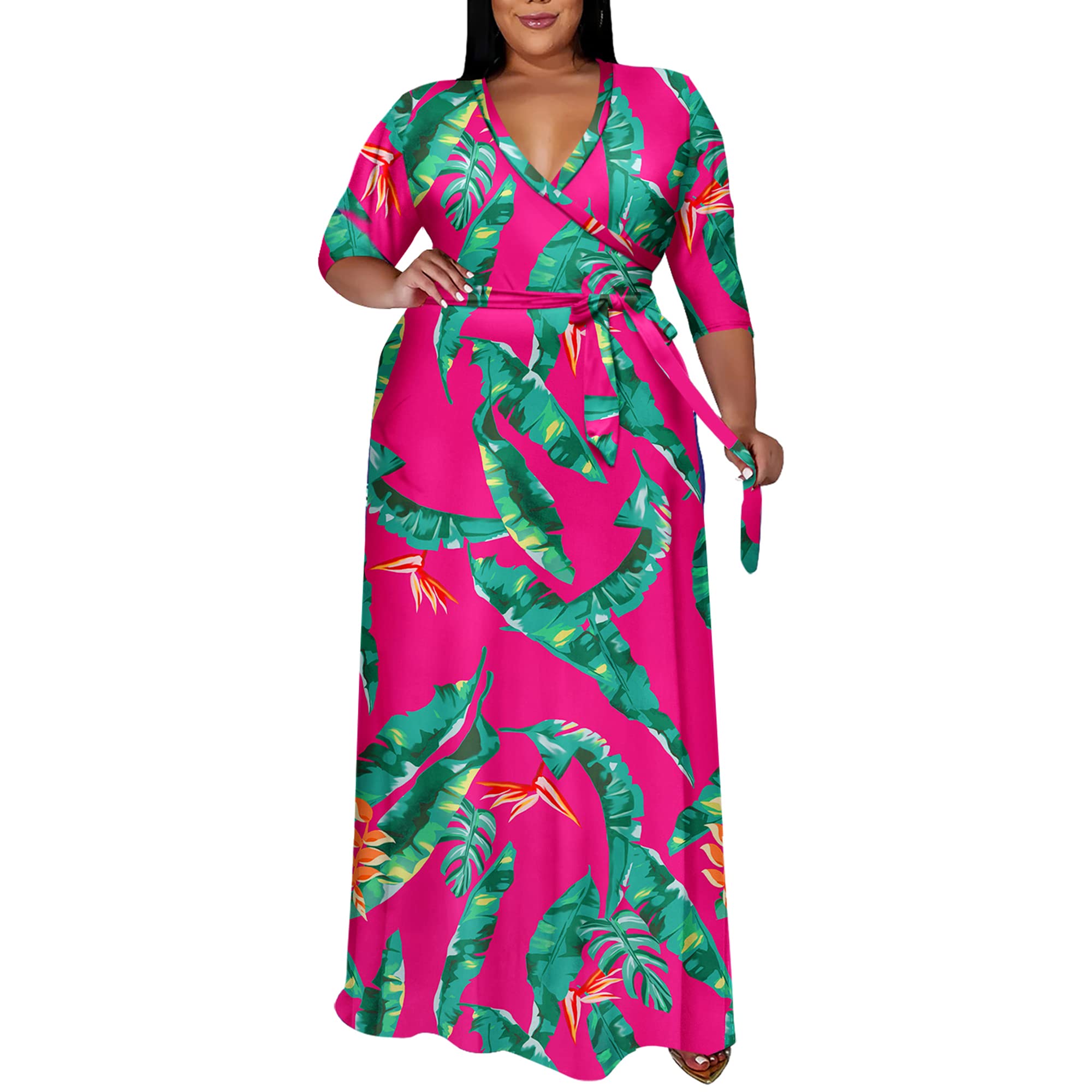 Runwind Plus Size Floral Maxi Dress for Women - Flowy 3/4 Sleeve with Belt - Elegant Summer Beach Dress for Vacations & Outdoor Events
