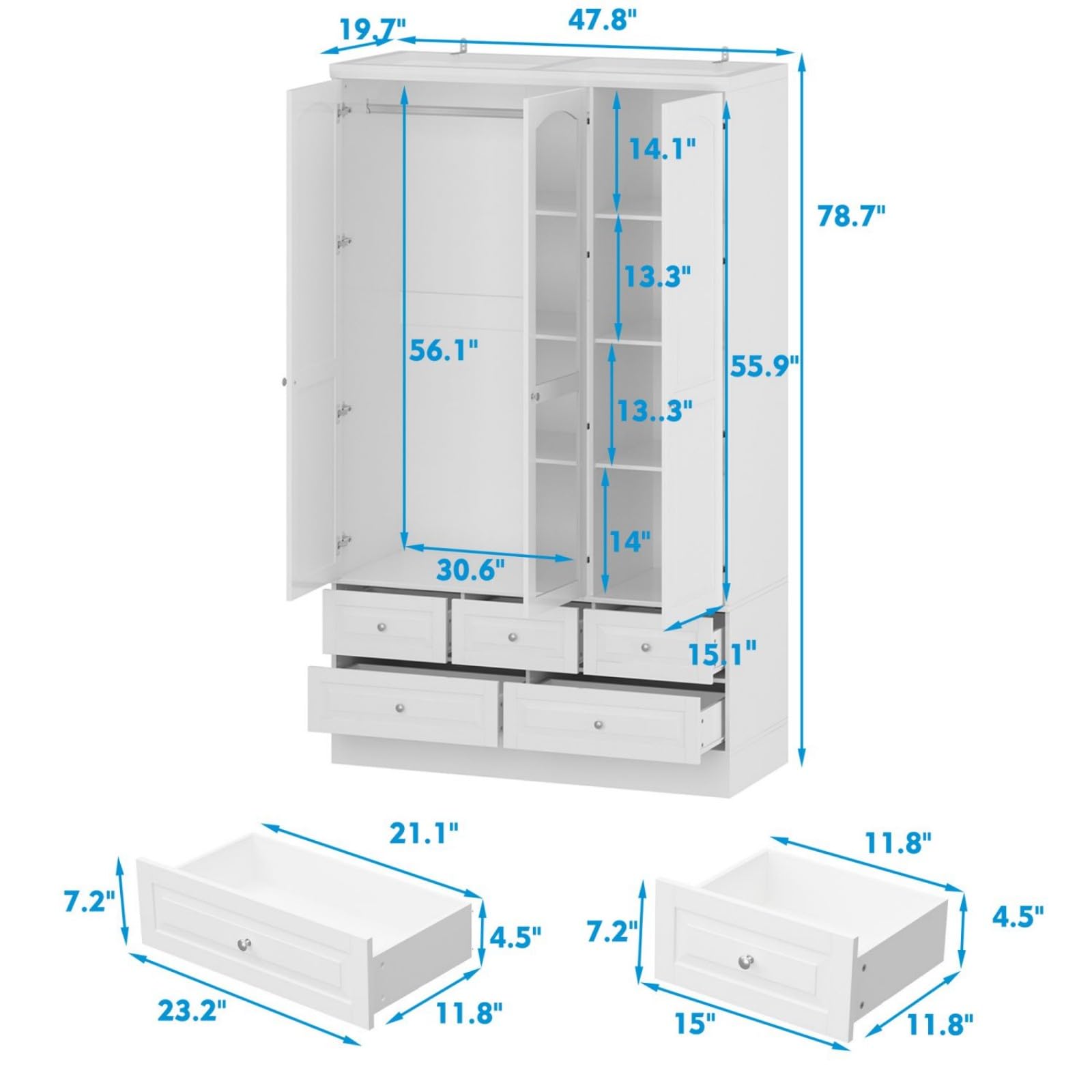 MOUMON White 3 Door Wardrobe Closet with Mirror, 5 Drawers, Hanging Rod & 4 Tier Shelves - Bedroom Storage Cabinet (47.8”W x 19.7”D x 78.7”H) for Clothes, Shoes & Accessories Organization