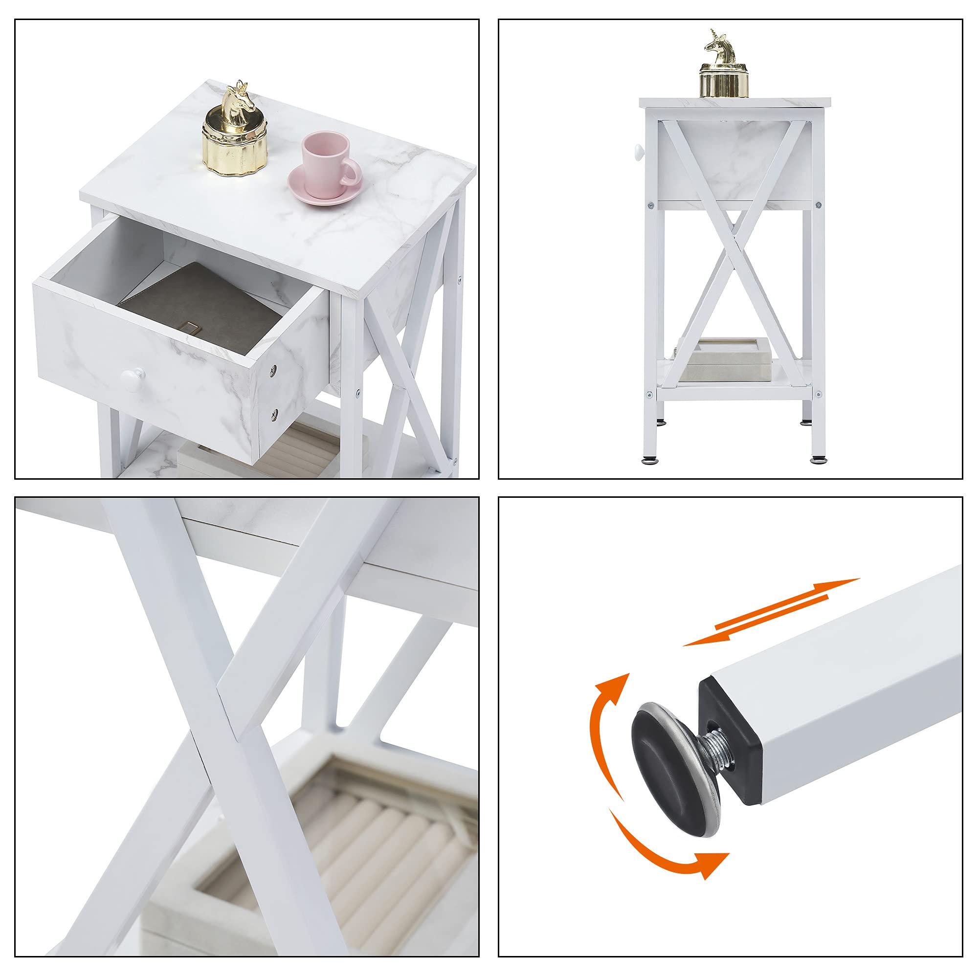 Modern Night Stand with Storage Drawer - X-Design End Table for Bedroom, Living Room & Office - Set of 2 White Nightstands for Small Spaces & Apartment Decor