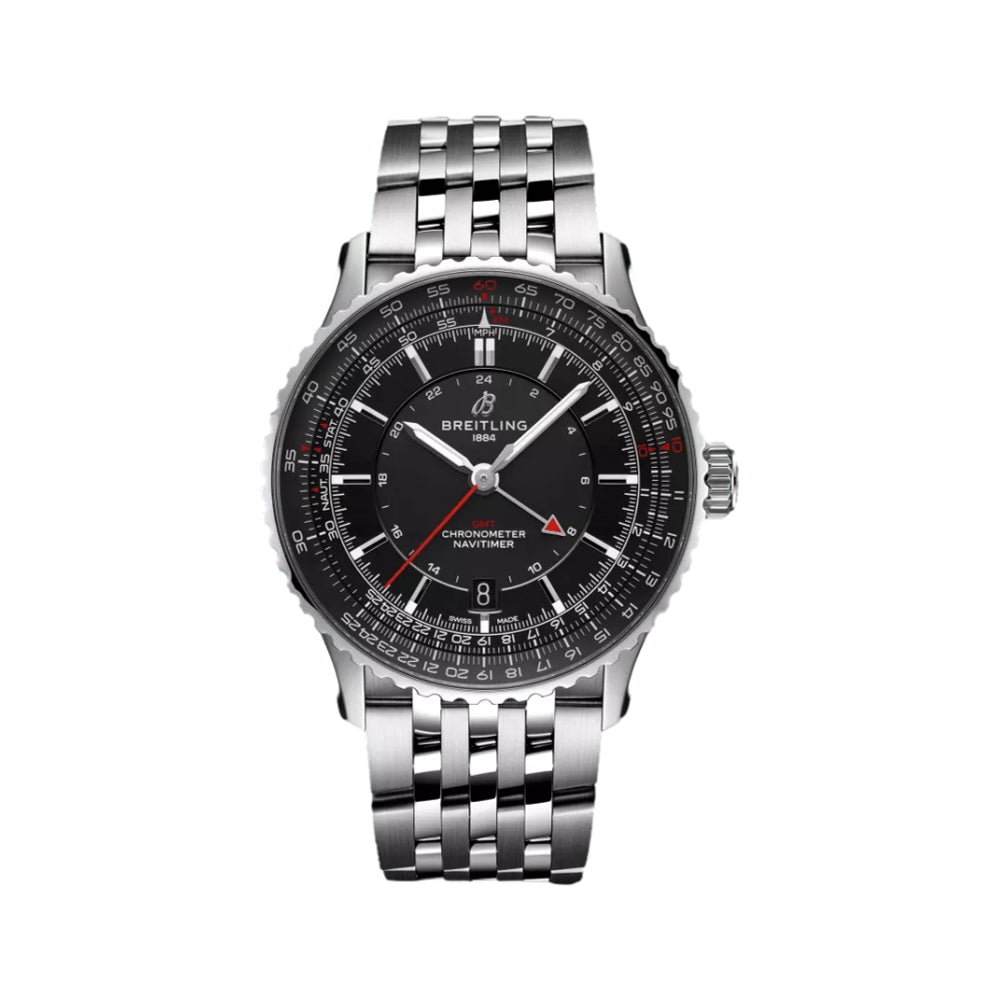 Breitling Navitimer Automatic GMT 41mm Men's Watch - Black Dial with Stainless Steel Bracelet - Perfect for Business Travel & Luxury Timekeeping