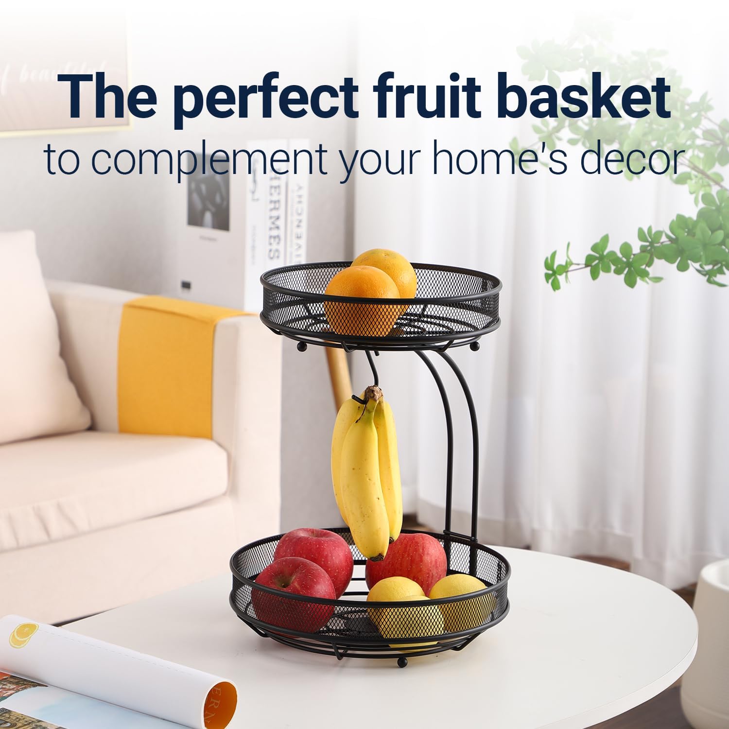 2 Tier Fruit Basket with Banana Hanger - Kitchen Counter Fruit & Vegetable Storage Bowl - Black by Linda's - Perfect for Organizing Fresh Produce in Pantry, Dining Room or Kitchen Countertop