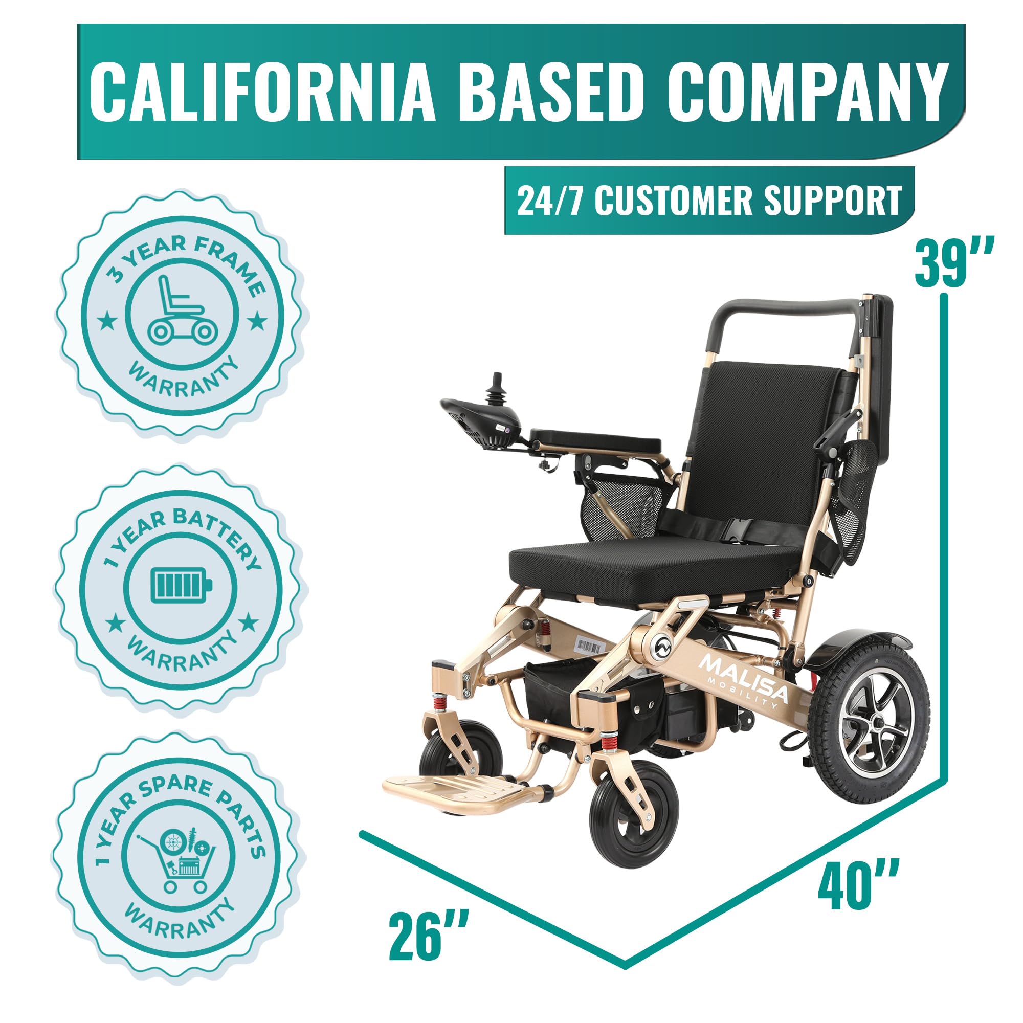 MALISA Electric Wheelchair for Adults - Automatic Folding Power Wheelchair, Lightweight Foldable Motorized Wheelchair with All-Terrain Capability (Bronze Frame) | Ideal for Indoor Use, Outdoor Travel & Mobility Assistance