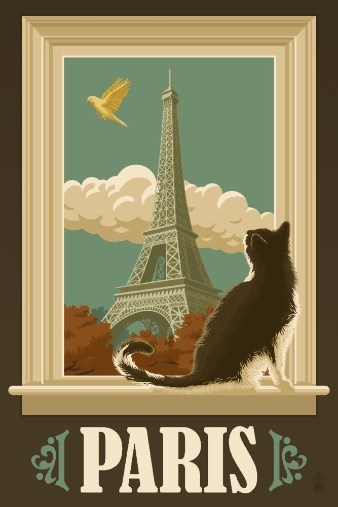 Paris France Eiffel Tower and Cat Window 69751 - 24x36 Signed Art Print Poster, Wall Decor for Living Room, Bedroom & Office - Vintage Parisian Cityscape Artwork