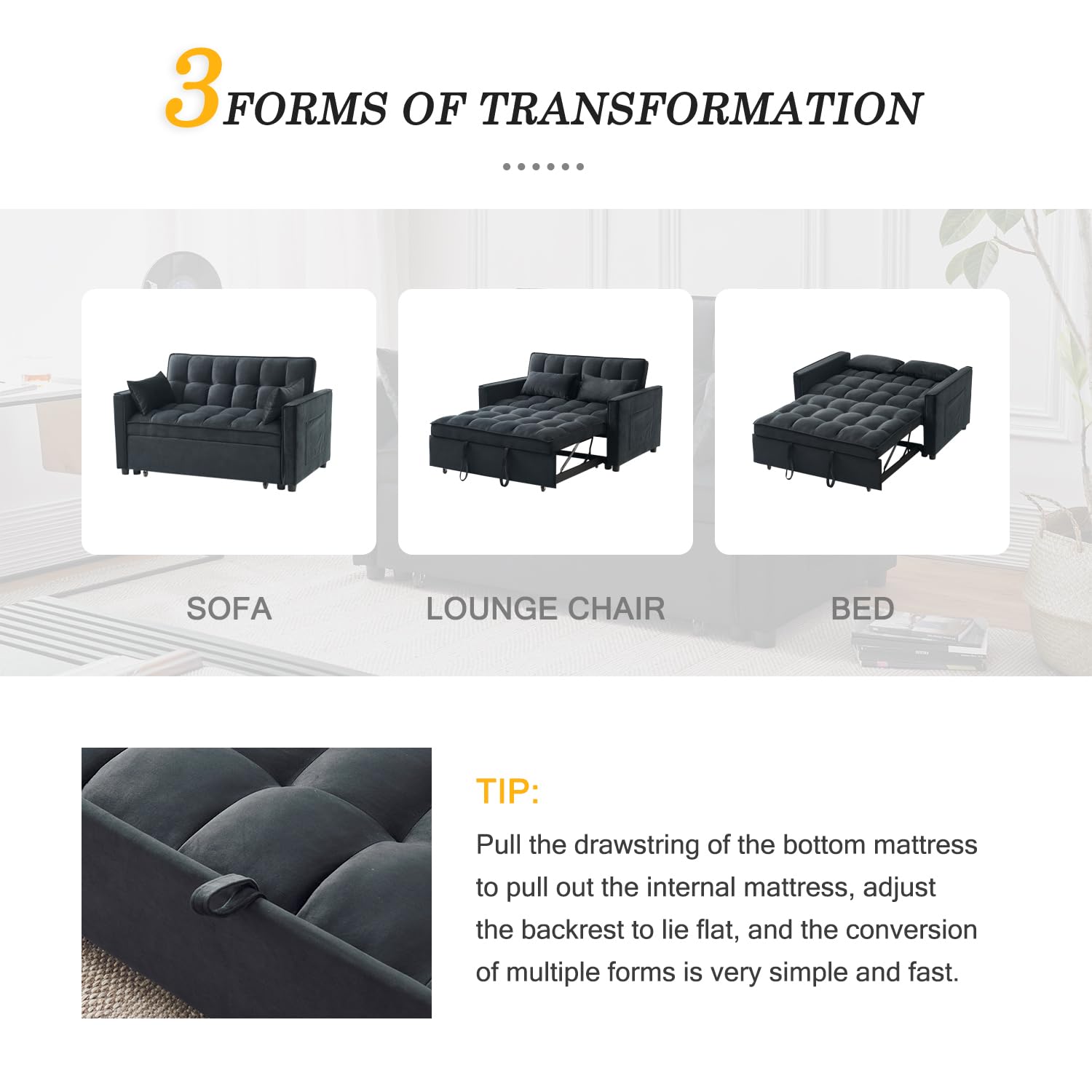 Modern Velvet 3-in-1 Convertible Futon Sofa Bed - Pullout Sleeper Couch with Adjustable Backrest, Storage Pockets & Toss Pillows - Perfect for Small Spaces, Living Room, Bedroom or Guest Room (Black)