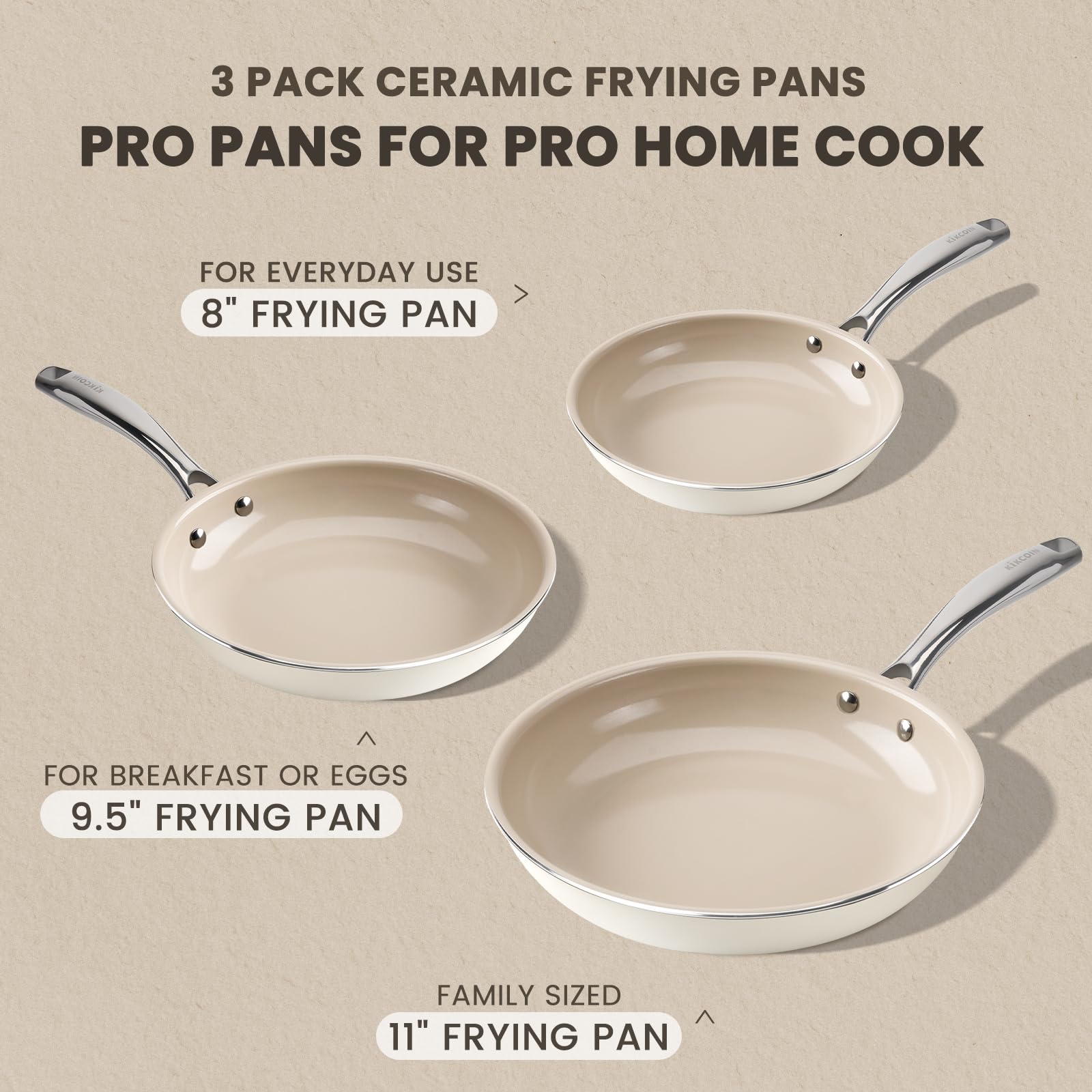 Non-Stick Ceramic Frying Pan Set - 3-Piece Healthy Cookware with Stay Cool Handle, PFAS/PTFE/PFOA Free, Oven & Dishwasher Safe (8/9.5/11 Inch) - Perfect for Eggs, Pancakes & Family Cooking