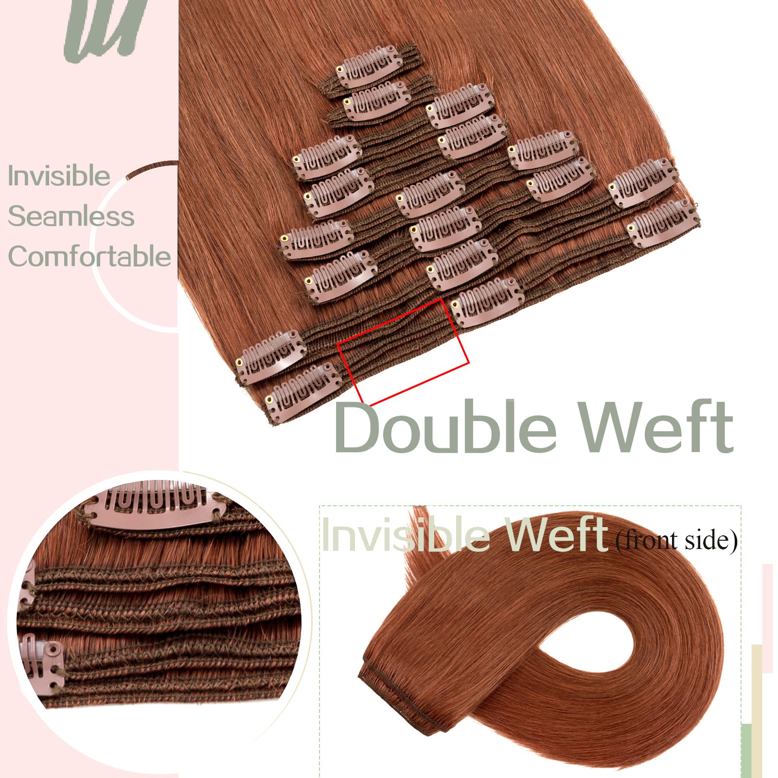S-noilite 100% Remy Human Hair Clip-in Extensions - 8pc Double Weft Set, 18 Clips, 18 Inch 140g, Straight Silky Dark Auburn (#33) for Volume & Length - Perfect for Parties, Weddings & Daily Styling
