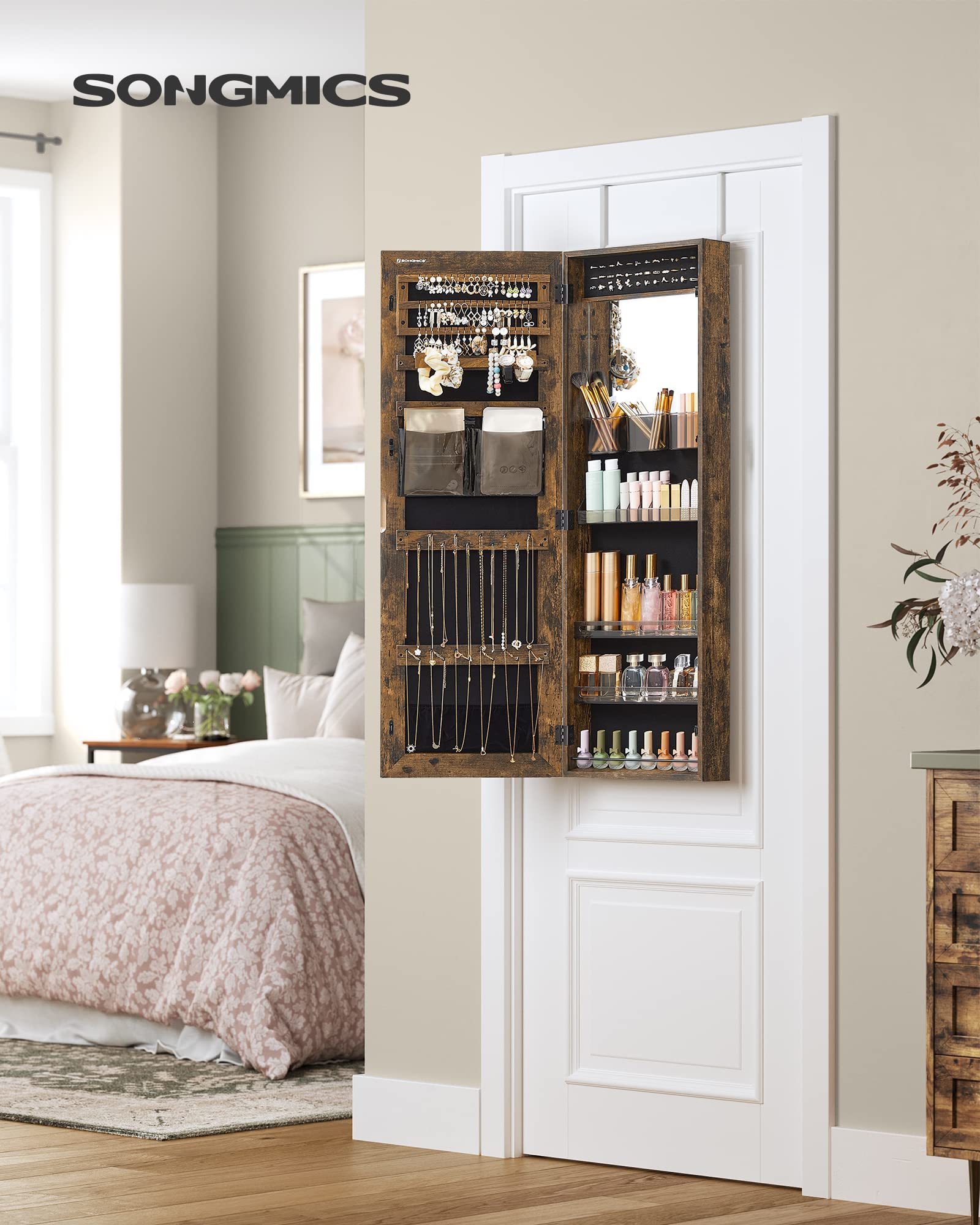 SONGMICS Jewelry Cabinet Armoire with Full-Length Mirror - Wall or Door Mount Jewelry Organizer with Lock, Shelves & Built-in Small Mirror - Rustic Brown UJJC003X01 - Perfect for Bedroom, Closet & Gift Giving