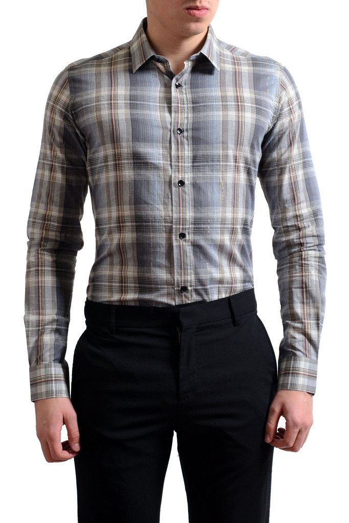 Saint Laurent Men's Plaid Dress Shirt - Slim Fit Button Down Shirt for Men | Size US 17.5 / IT 44 | Multi-Color Checkered Pattern | Perfect for Business, Office & Formal Occasions