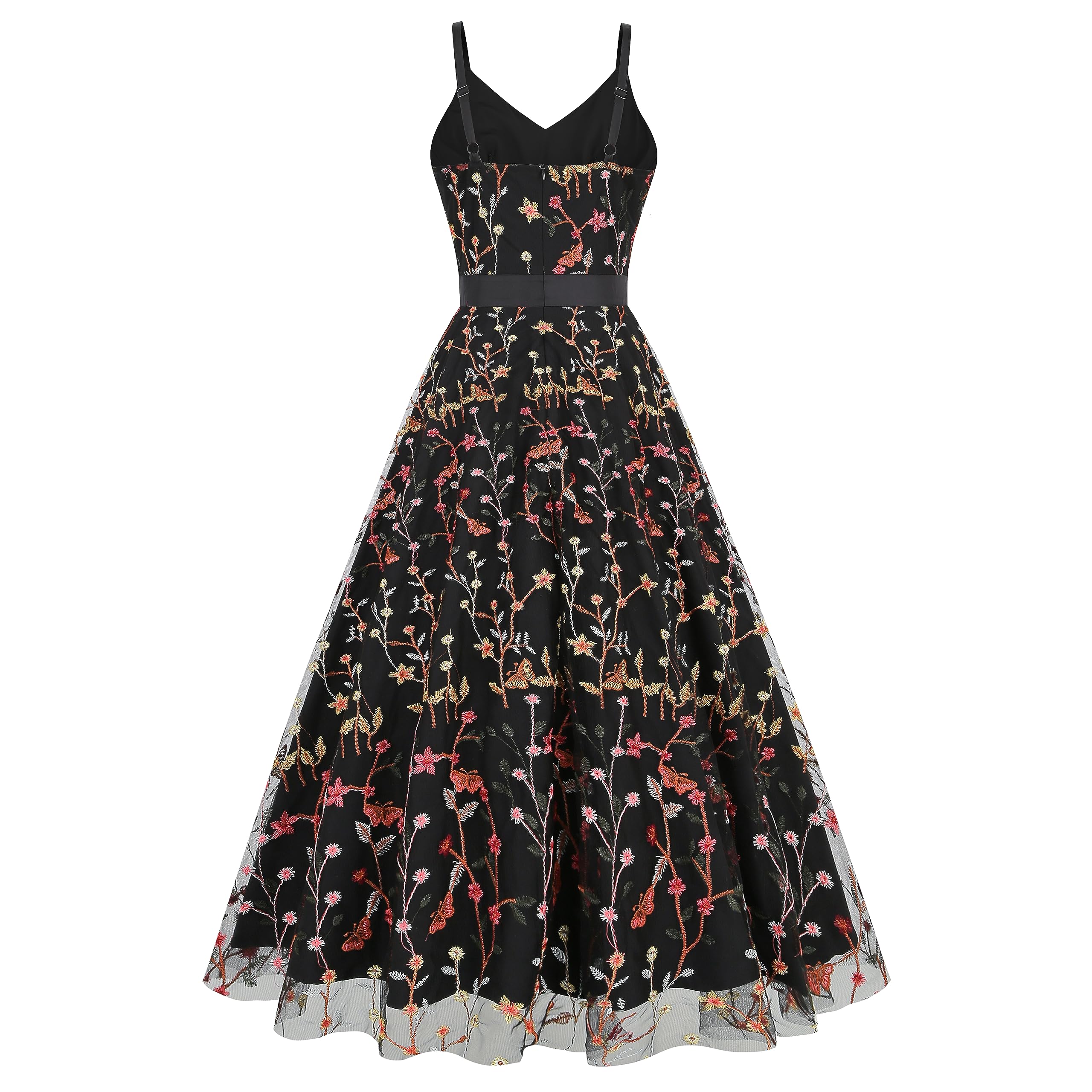 Elegant Long Floral Embroidered Maxi Dress for Women - Spaghetti Strap Formal Evening Gown with Tulle Skirt | Perfect for Prom, Wedding Guest, Cocktail Party & Special Occasions