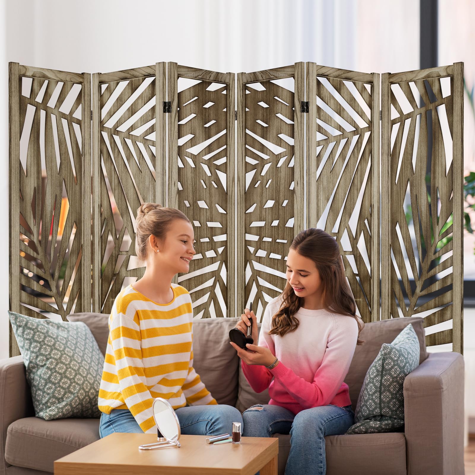ECOMEX 6-Panel Palm Leaf Room Divider Screen - Freestanding Partition with Retro Leaf Cutout Design in Brown | Perfect for Living Room, Bedroom & Office Privacy