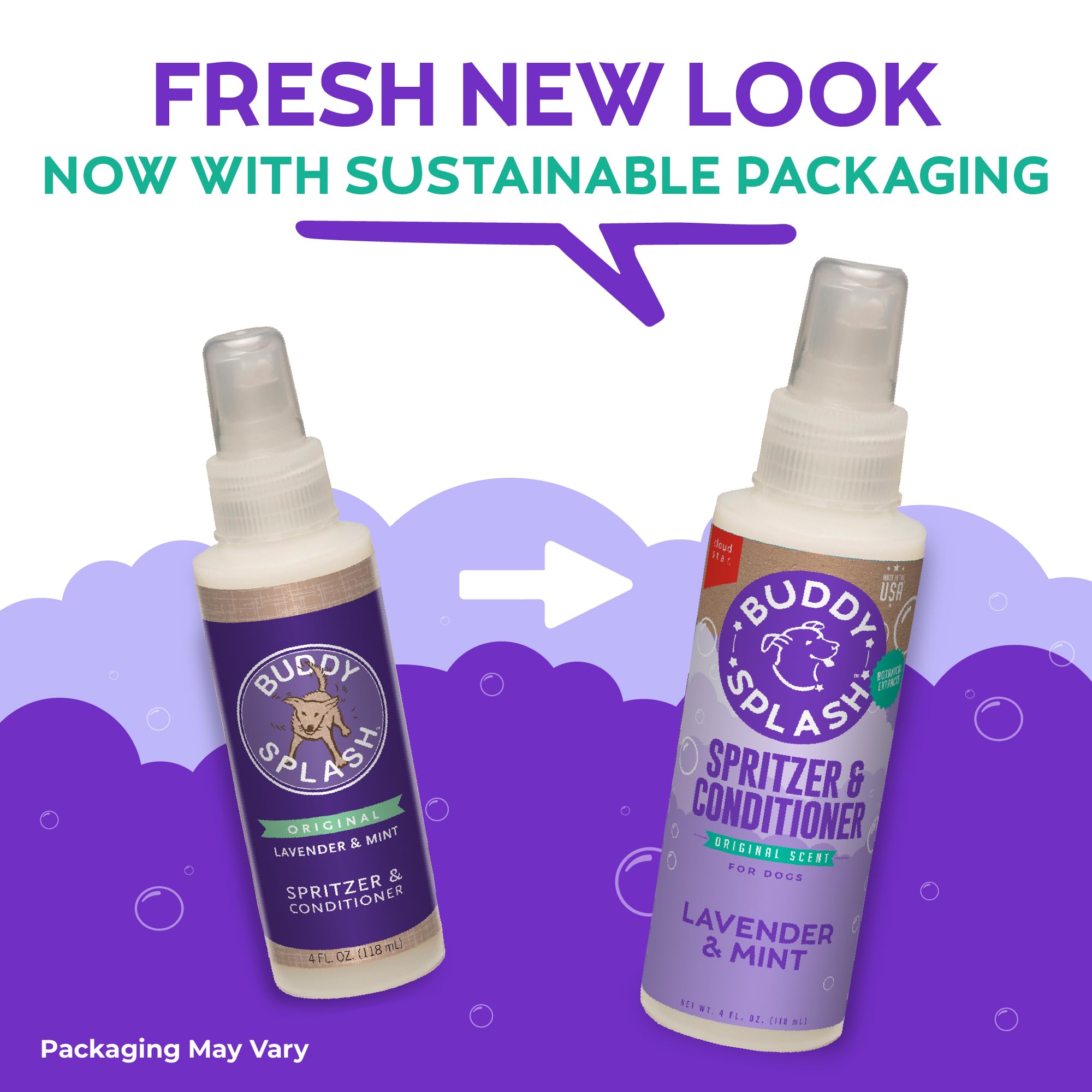 Buddy Splash Spritzer & Conditioner for Dogs - Lavender & Mint Scented Leave-In Spray (4oz) | Detangling, Moisturizing & Deodorizing Dog Grooming Spray | Perfect for Bath Time, Brushing & Between Washes