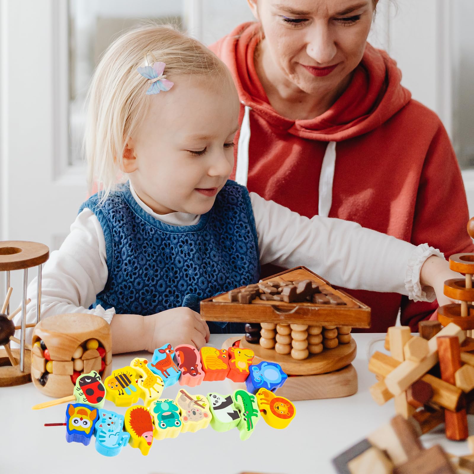 Montessori Wooden Animal Beads Threading Toy Set - Educational Toddler Beading Activity for Fine Motor Skills Development | Perfect for Preschool Learning, Daycare Centers & Home Playtime