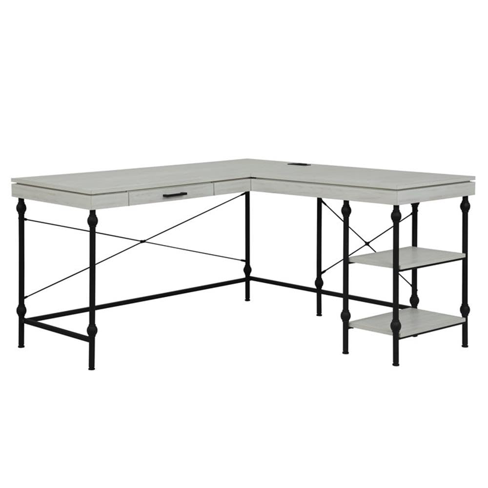 Antique White L-Shaped Wooden Desk by Furniture of America - Home Office Desk with Storage Shelf, Perfect for Small Spaces & Workstations