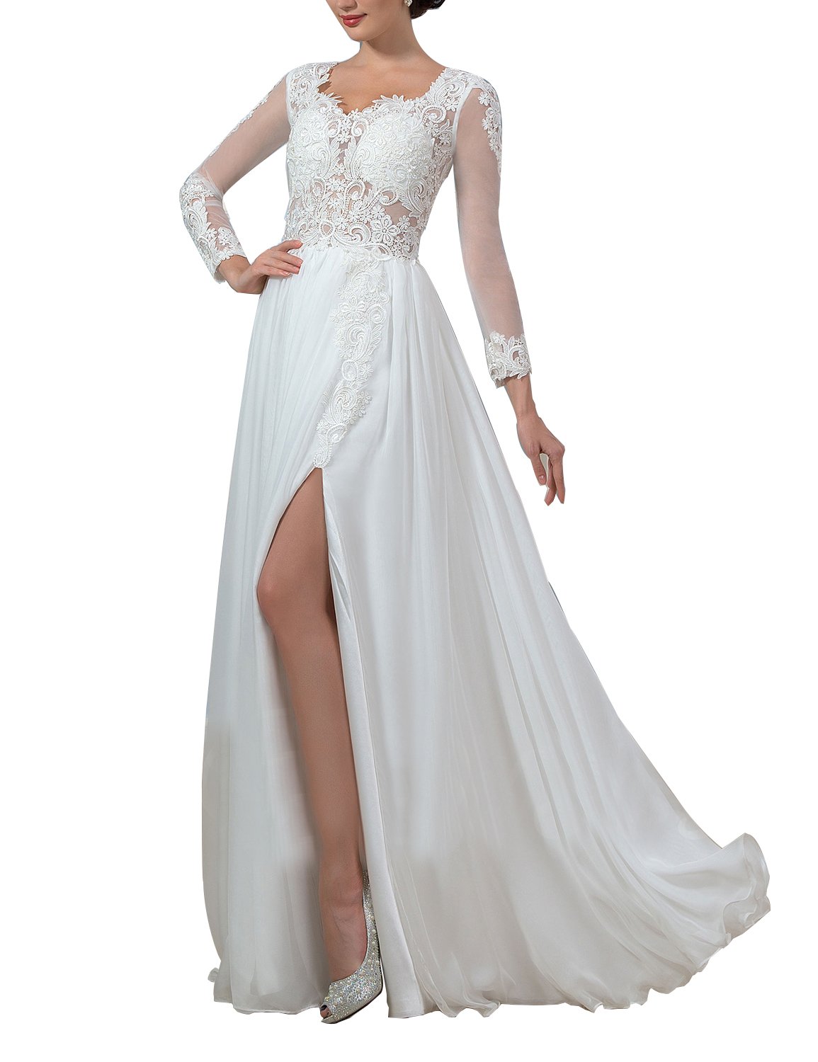Elegant Lace Long Sleeve Wedding Dress with Scoop Neck & Side Slit - SHWD154 | Perfect for Bridal, Prom, Party & Formal Occasions