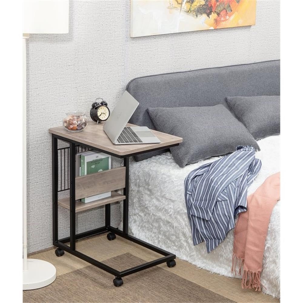 JJS Side End C Table with Magazine Holder - Slim Sofa & Couch Table for Small Spaces, Snack Table That Slides Under Furniture, Smoky Grey - Perfect for Living Room, Bedroom & Office Use