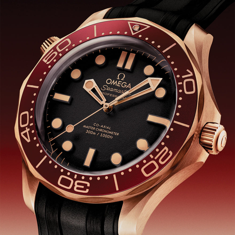 Omega Seamaster Diver 300M Bronze Gold Co-Axial Master Chronometer 42mm Black Dial Men's Watch with Rubber Strap - Luxury Dive Watch for Professional Scuba Diving & Everyday Wear
