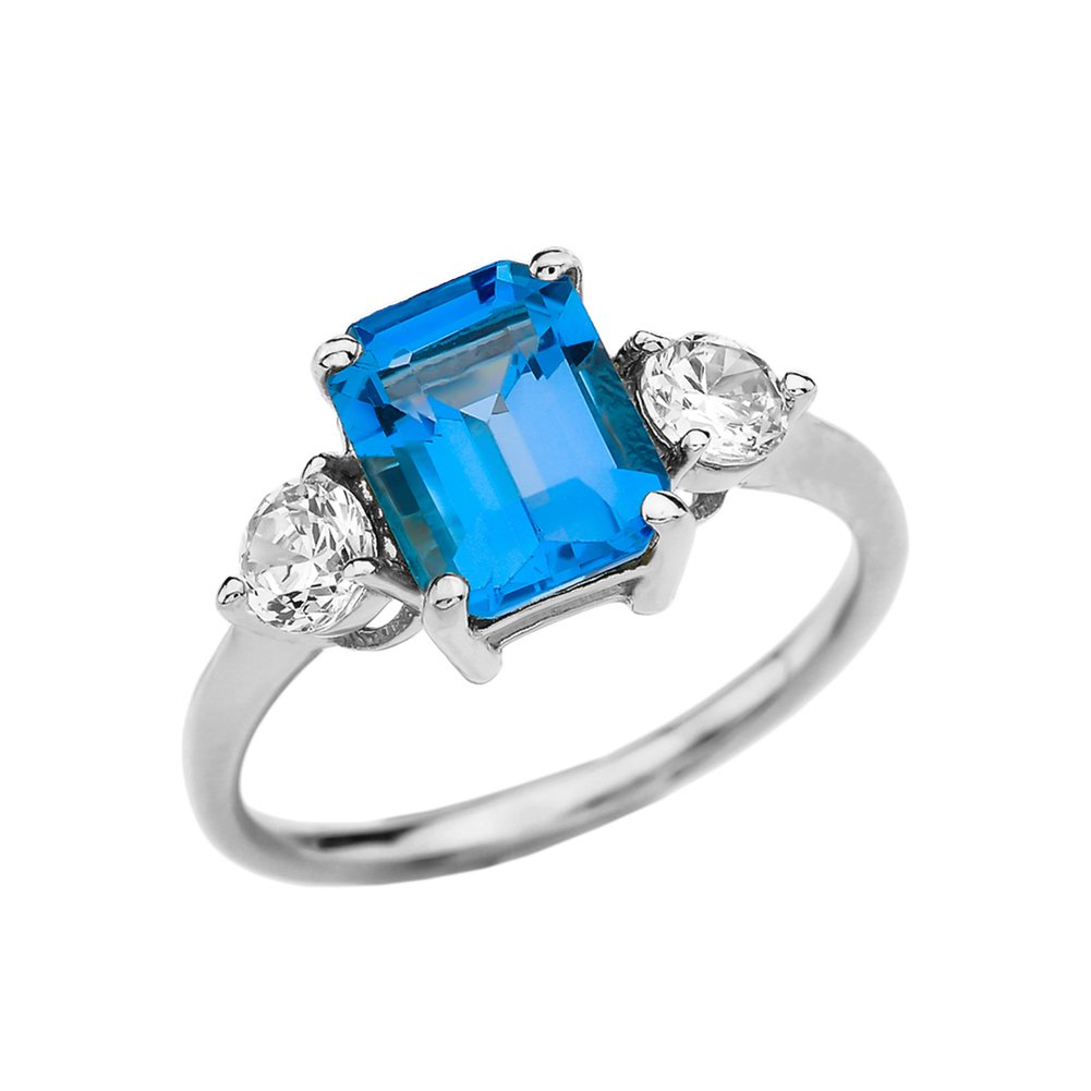 10K White Gold Emerald Cut Blue Topaz & White Topaz Engagement Ring for Women - Perfect for Proposals, Weddings & Anniversaries