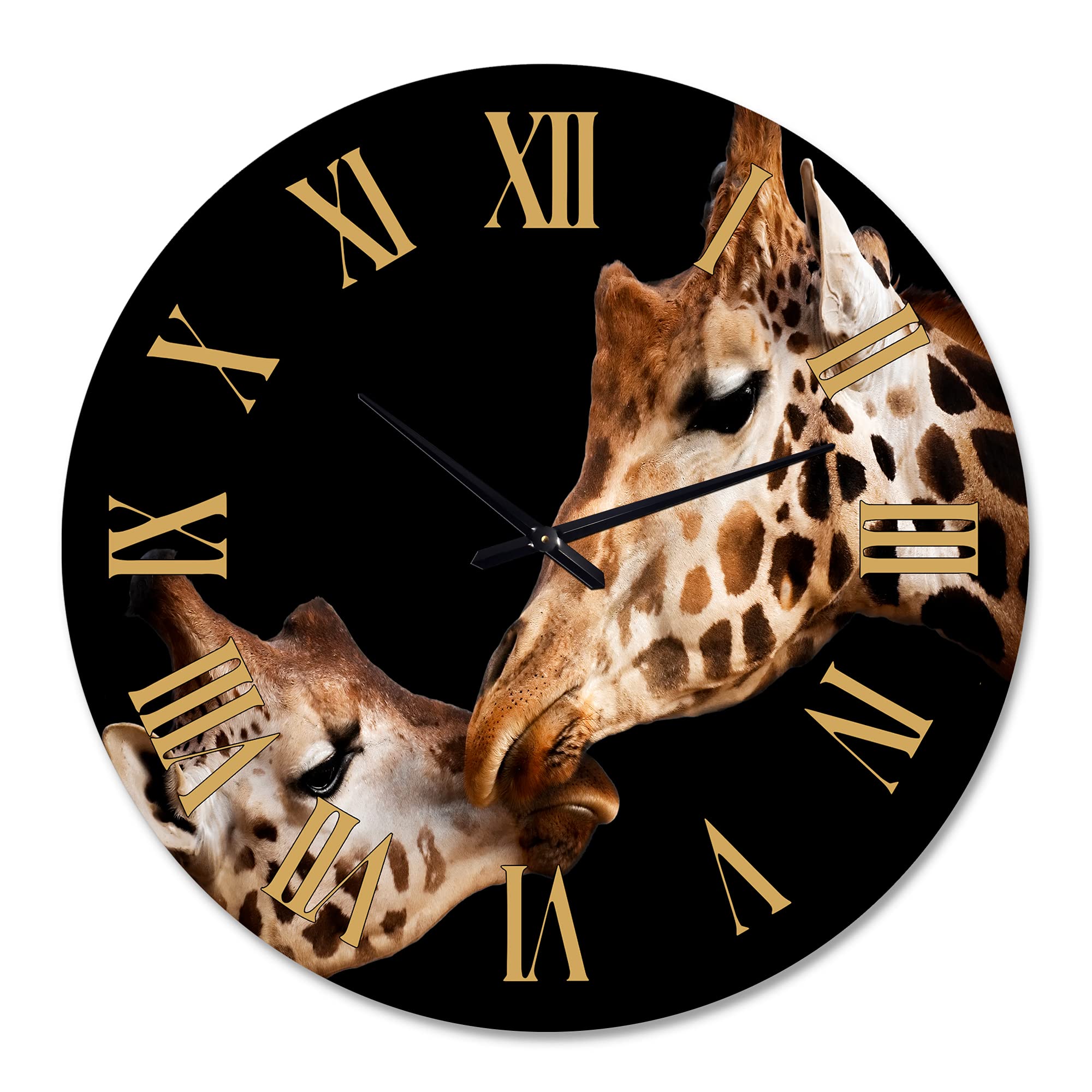 Farmhouse Wall Clock with 'Portrait of Two Giraffes Kissing II' - Large Animal Themed Decorative Clock for Bedroom, Living Room & Office - Rustic Home Decor Gift Idea