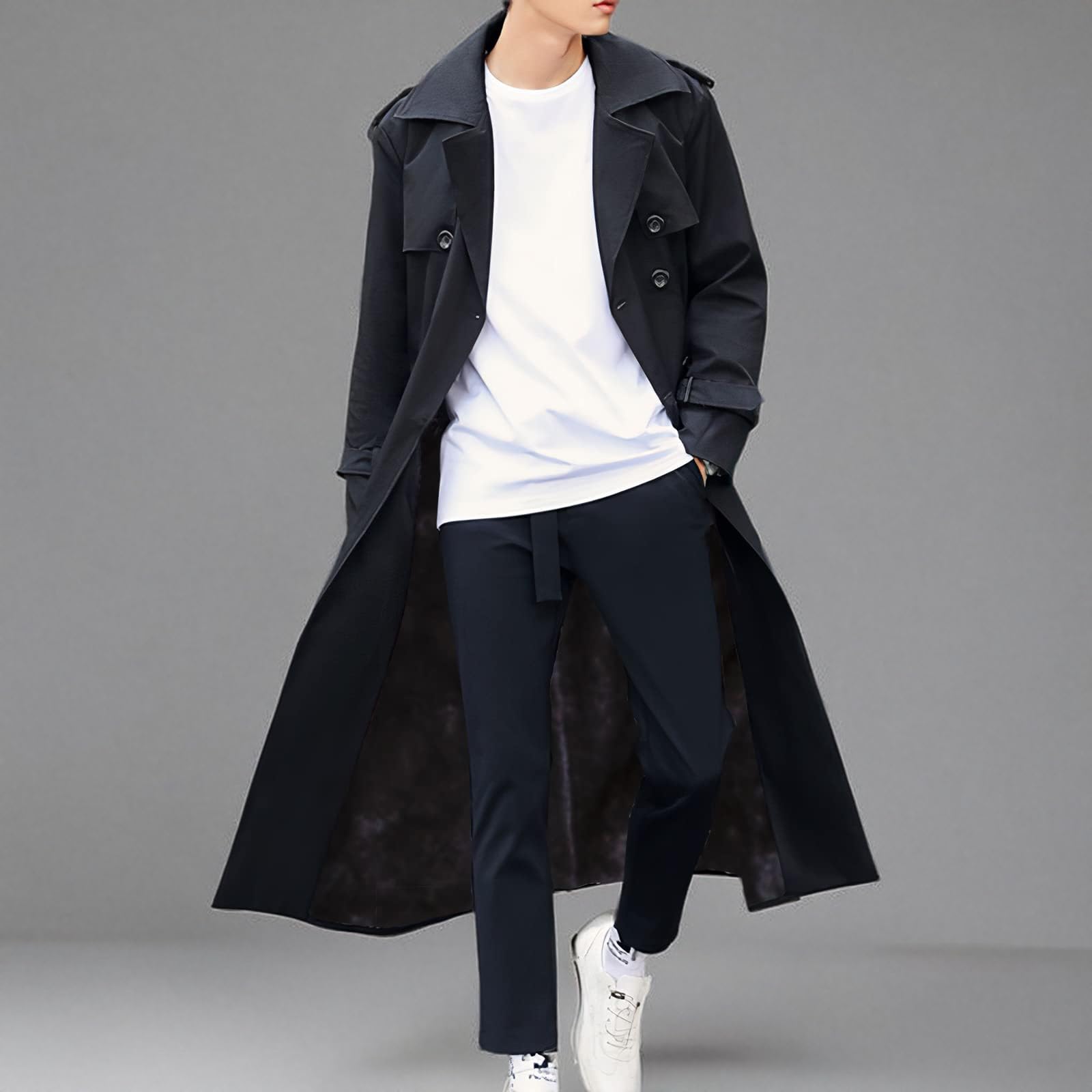 Pantete Men's Double Breasted Trench Coat - Oversized Casual Windbreaker with Lapel - Long Jacket Overcoat for Business, Travel & Fall Fashion