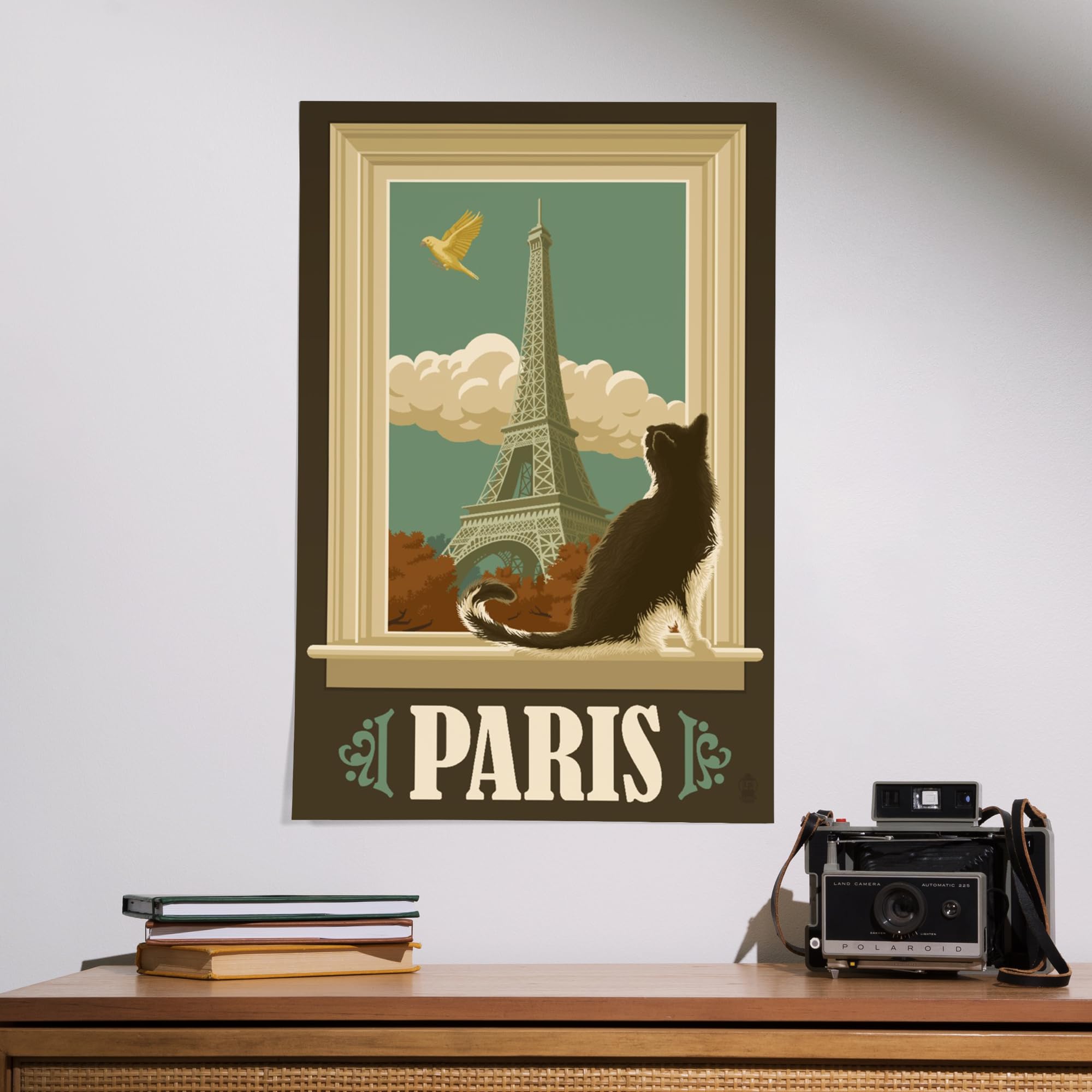 Lantern Press 16x24 Inch Giclee Art Print - Paris France Landscape with Eiffel Tower and Cat Window - Perfect for Living Room, Bedroom or Office Wall Decor