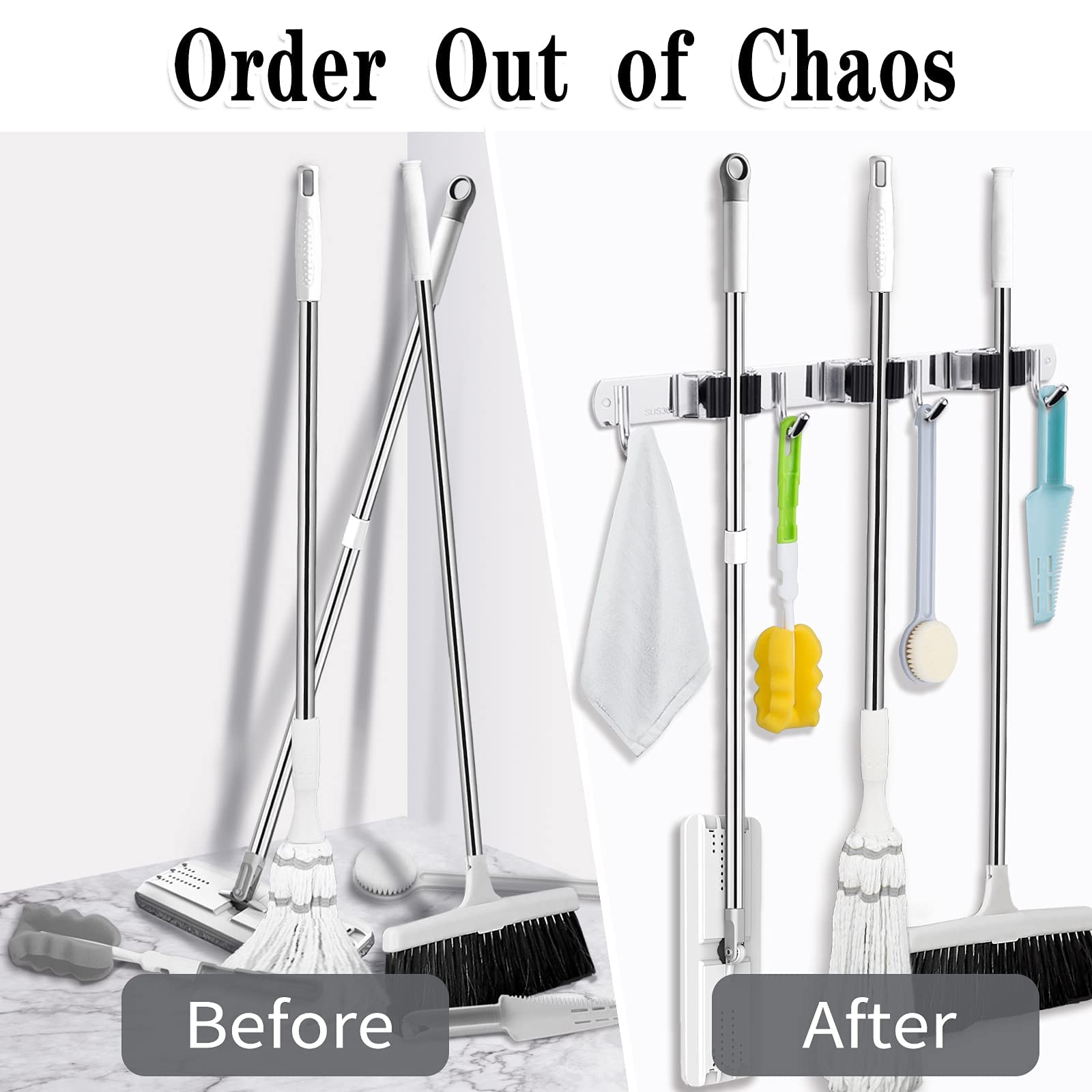 3-Tier Broom and Mop Holder with 4 Heavy Duty Stainless Steel Hooks - Wall Mounted Garage Organizer for Home, Kitchen, Laundry & Garden - Self Adhesive Non-Slip Storage Solution for Cleaning Tools & Supplies