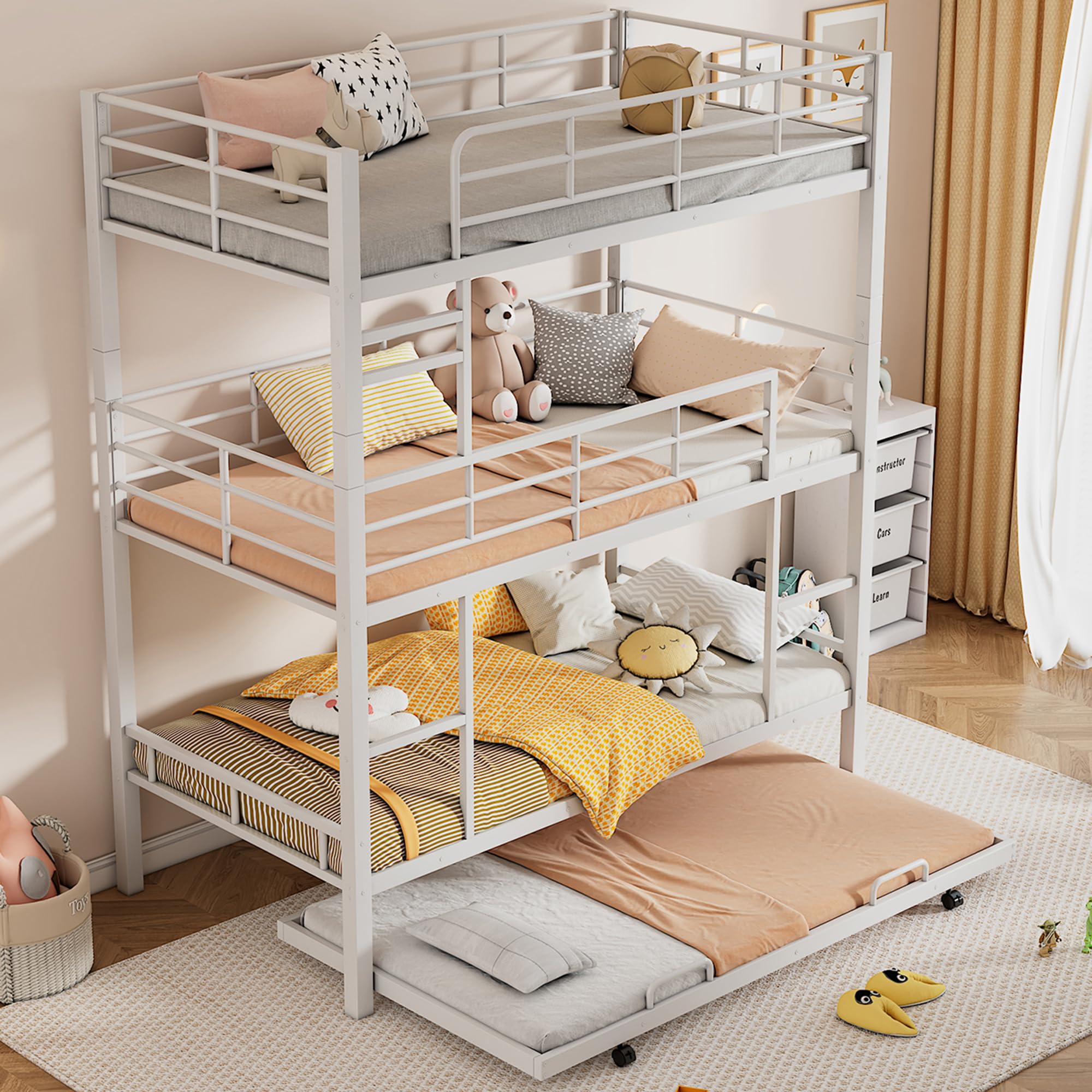 BOVZA White Metal Triple Twin Bunk Bed with Trundle - Twin Over Twin Over Twin 3 Tier Bunk Bed for 4 People, Convertible to 3 Separate Beds, Includes 2 Ladders & Guardrails - Perfect for Kids, Teens, Dorms, Small Bedrooms & Space-Saving Solutions
