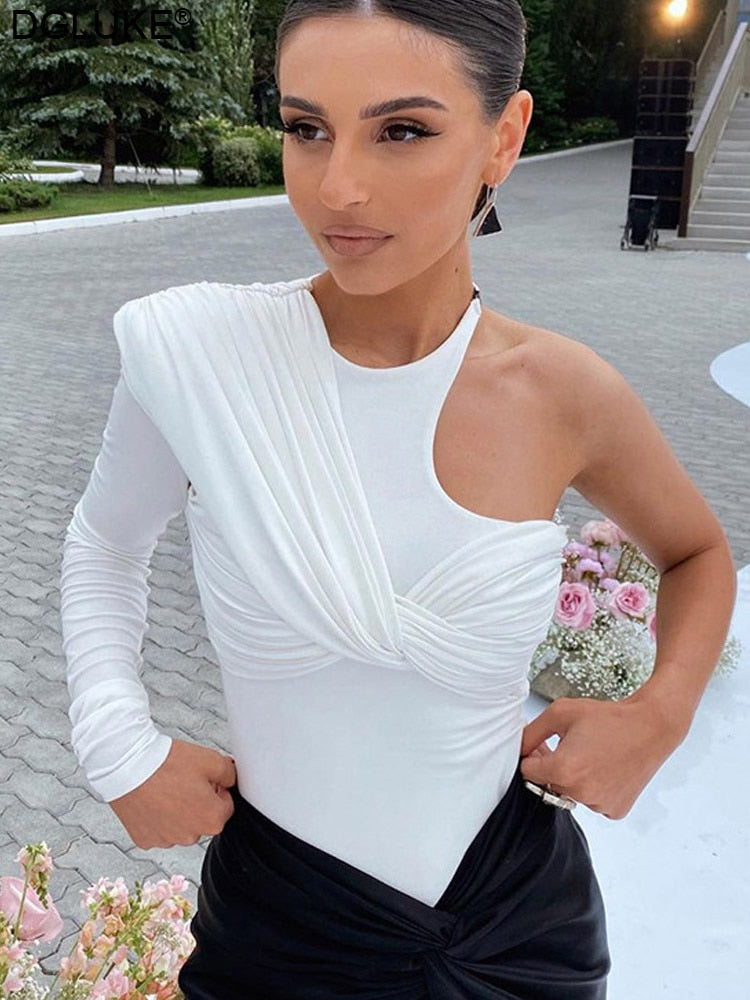 Aomzae Women's One Shoulder Long Sleeve Bodysuit - Sexy Cut Out Backless Twist Design in White & Black | Perfect for Club, Party & Festival Outfits | Night Out, Date Night & Special Occasion Wear