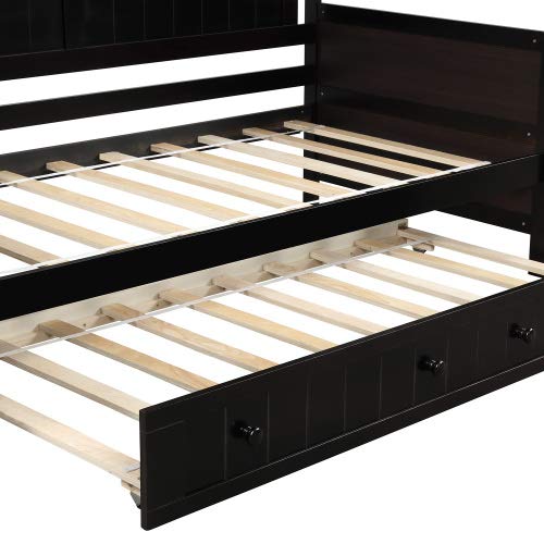 Mera Wood Twin Daybed with Trundle - Espresso Finish Twin Size Sofa Bed Frame, No Box Spring Needed - Perfect for Guest Rooms, Dorm Rooms & Small Space Living