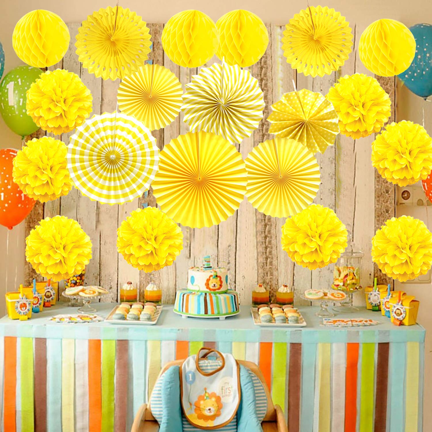 Vibrant Yellow Hanging Paper Fan Set - Tissue Paper Pom Poms, Flower Fans & Honeycomb Balls for Birthday, Baby Shower, Wedding & Festival Decorations - Perfect for Party Backdrops, Ceiling Decor & Photo Booth Props