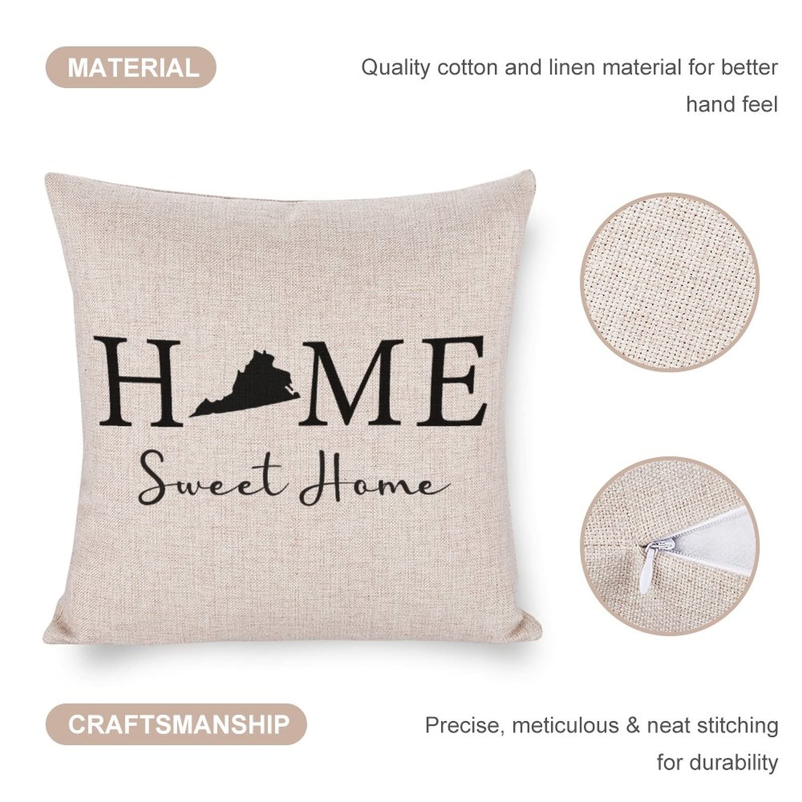 Virginia State Map Home Sweet Home 16x16 Inch Farmhouse Throw Pillow Cover - Decorative Cushion Case for Living Room, Bedroom, Couch & Sofa Decor | Perfect for Country Style Homes, Rustic Cabin Decor & Housewarming Gifts
