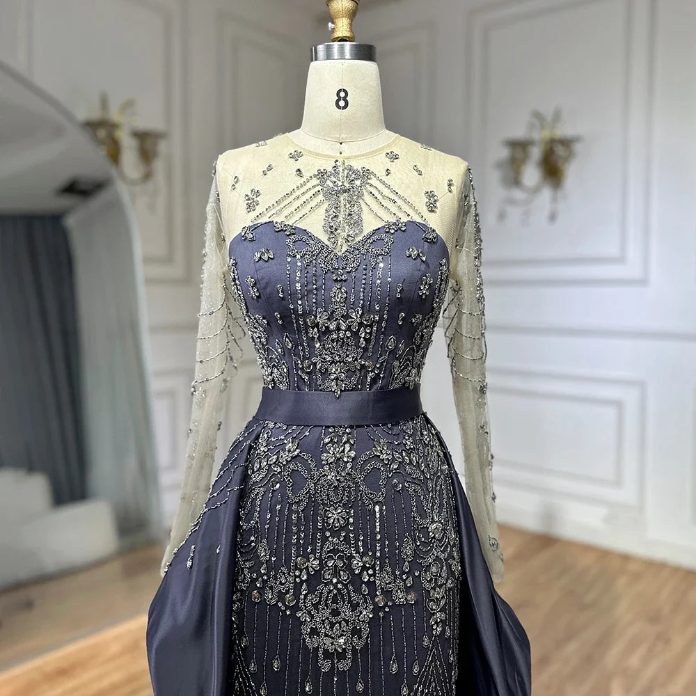 Luxury Dubai Elegant Blue Saudi Arabic Evening Gown with Overskirt - Crystal Beaded Formal Dress for Women - Perfect for Weddings, Galas & Special Occasions LA72757