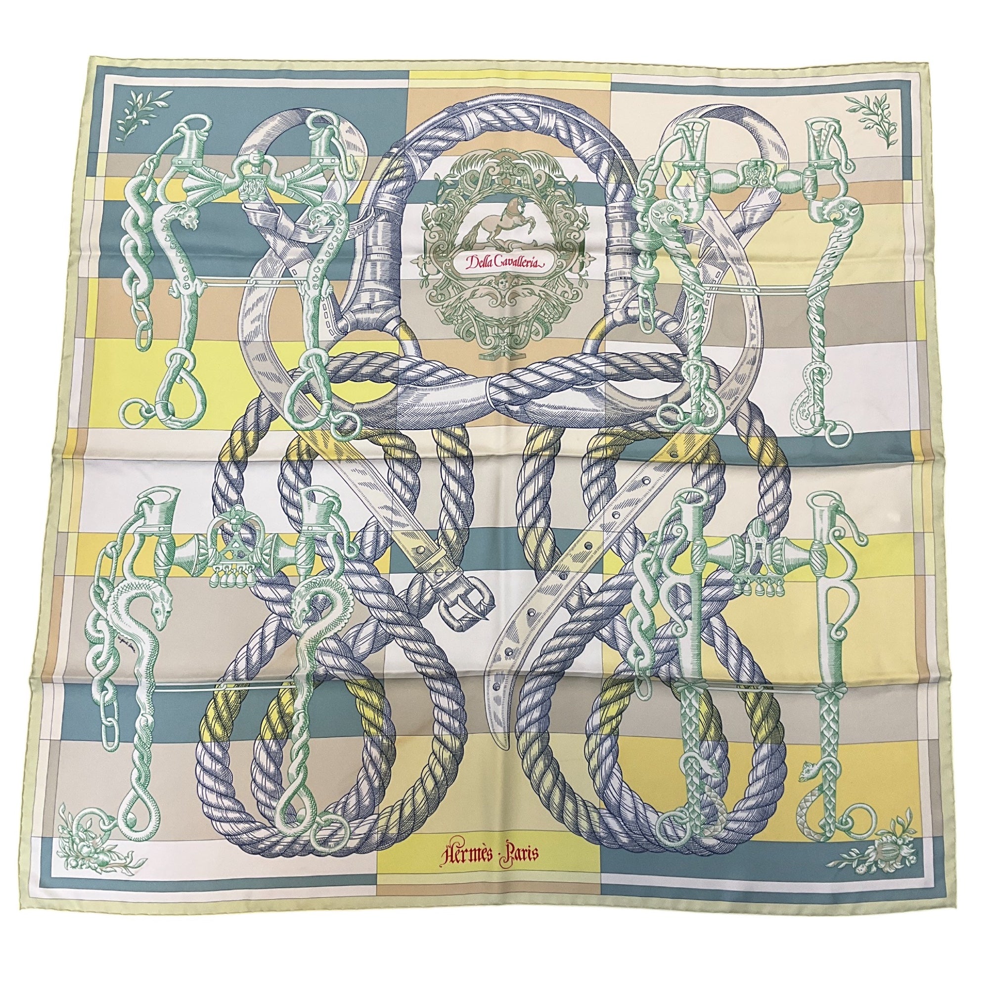 Hermes Lime Green & Yellow Della Cavalleria Print Square Silk Twill Scarf - Luxury Fashion Accessory for Women, Perfect for Gifts, Parties & Special Occasions