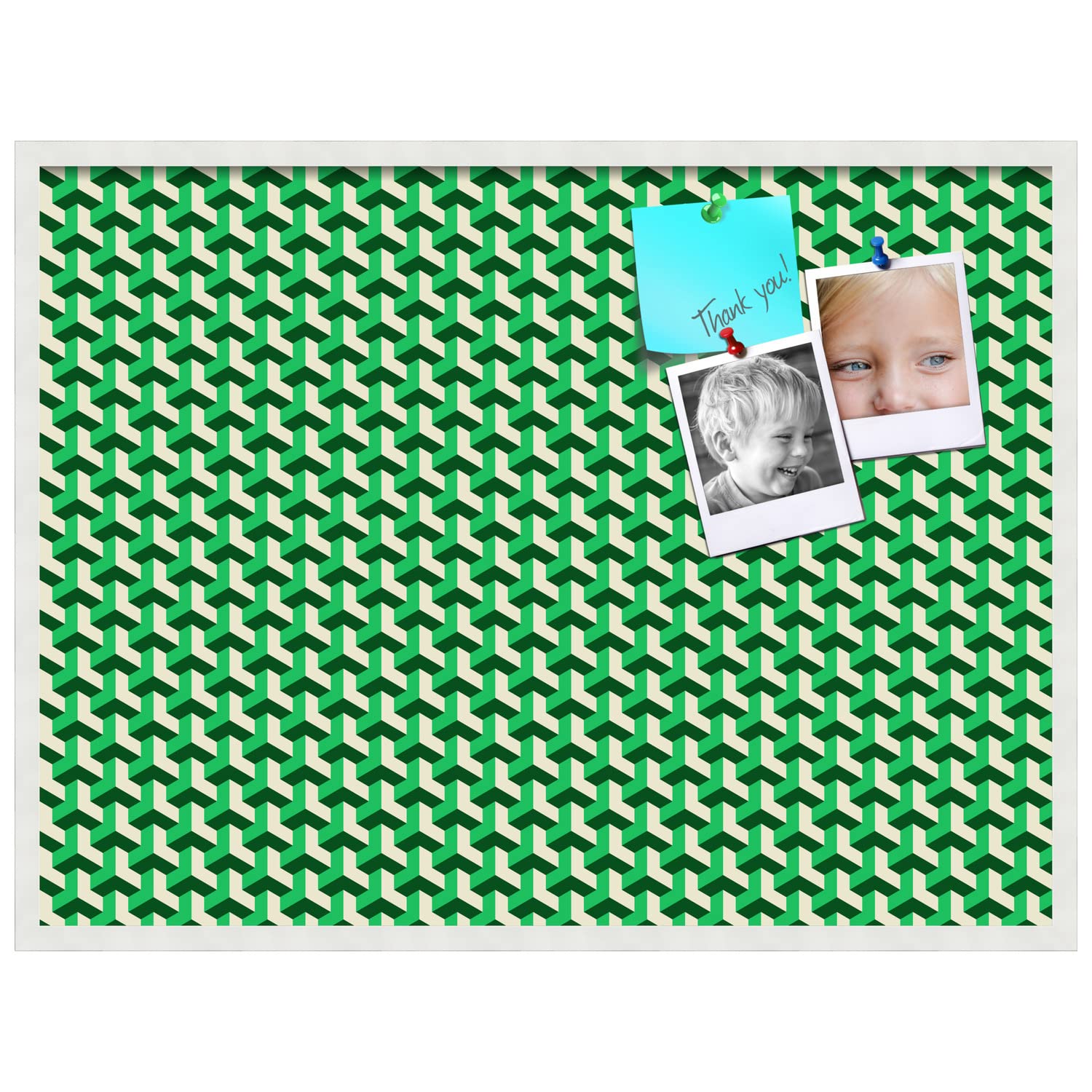 PinPix 40x30 Inch Cork Bulletin Board with BAUS Green Beige Design & Satin White Frame - Decorative Wall Organizer for Home Office, School Classroom, Dorm Room & Workspace (PinPix-1531)