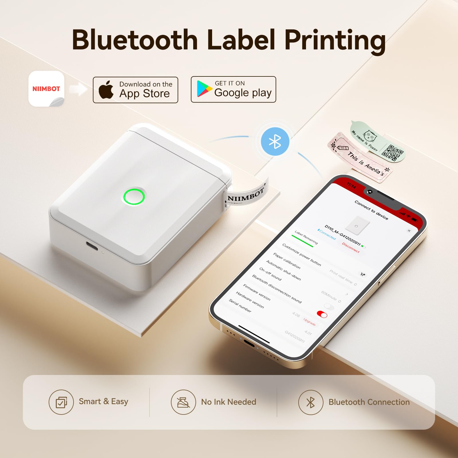 NIIMBOT D110 Bluetooth Label Maker Machine - Wireless Mini Label Printer for Home, Office & School Organization | Upgraded Version with 1 Roll Label Tape | Perfect for Storage, Crafting & Inventory Management (White)