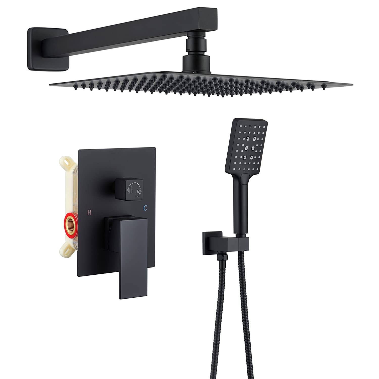Premium Matte Black Shower System - 10 Inch High Pressure Brass Rain Shower Head with Handheld Spray, Complete Wall Mounted Faucet Set with Rough-in Valve (Perfect for Modern Bathroom Renovations & Spa-Like Shower Experience)