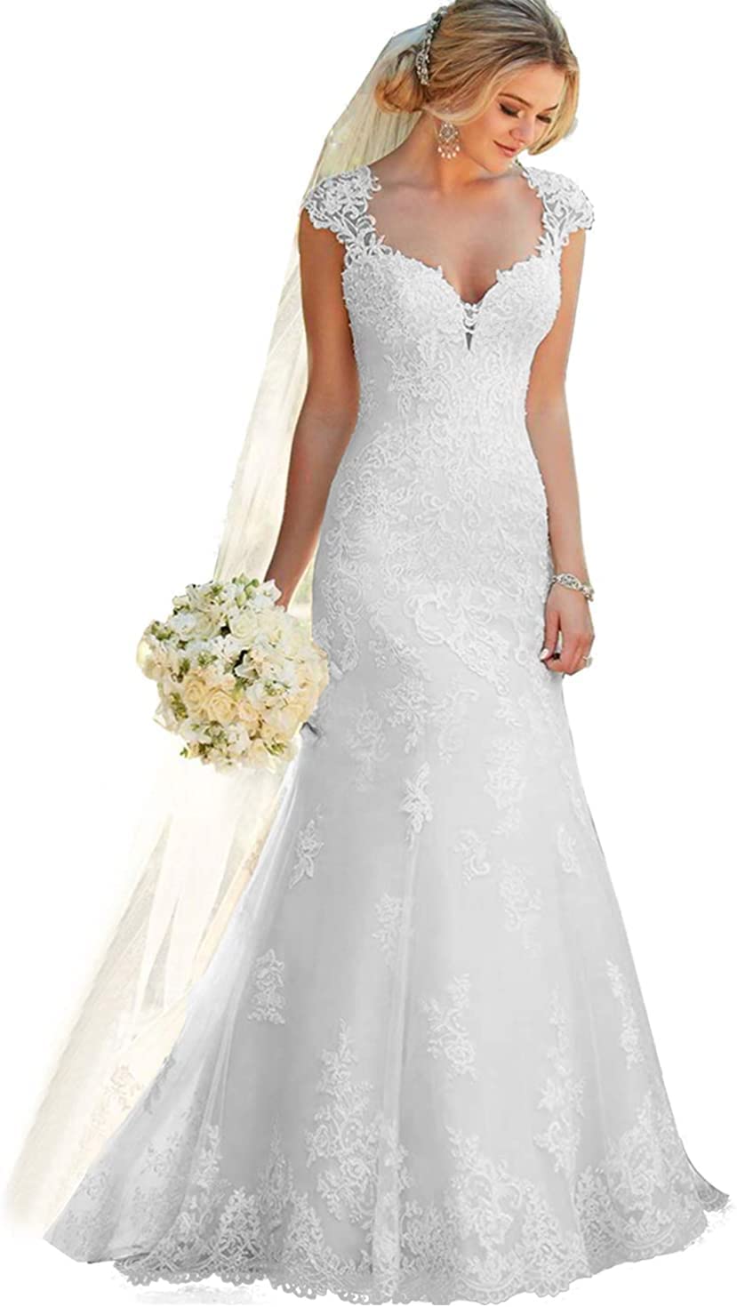 2023 Women's Floral Beaded Mermaid Wedding Dress - Elegant Lace Applique Bridal Gown for Beach Weddings, Evening Parties & Formal Events