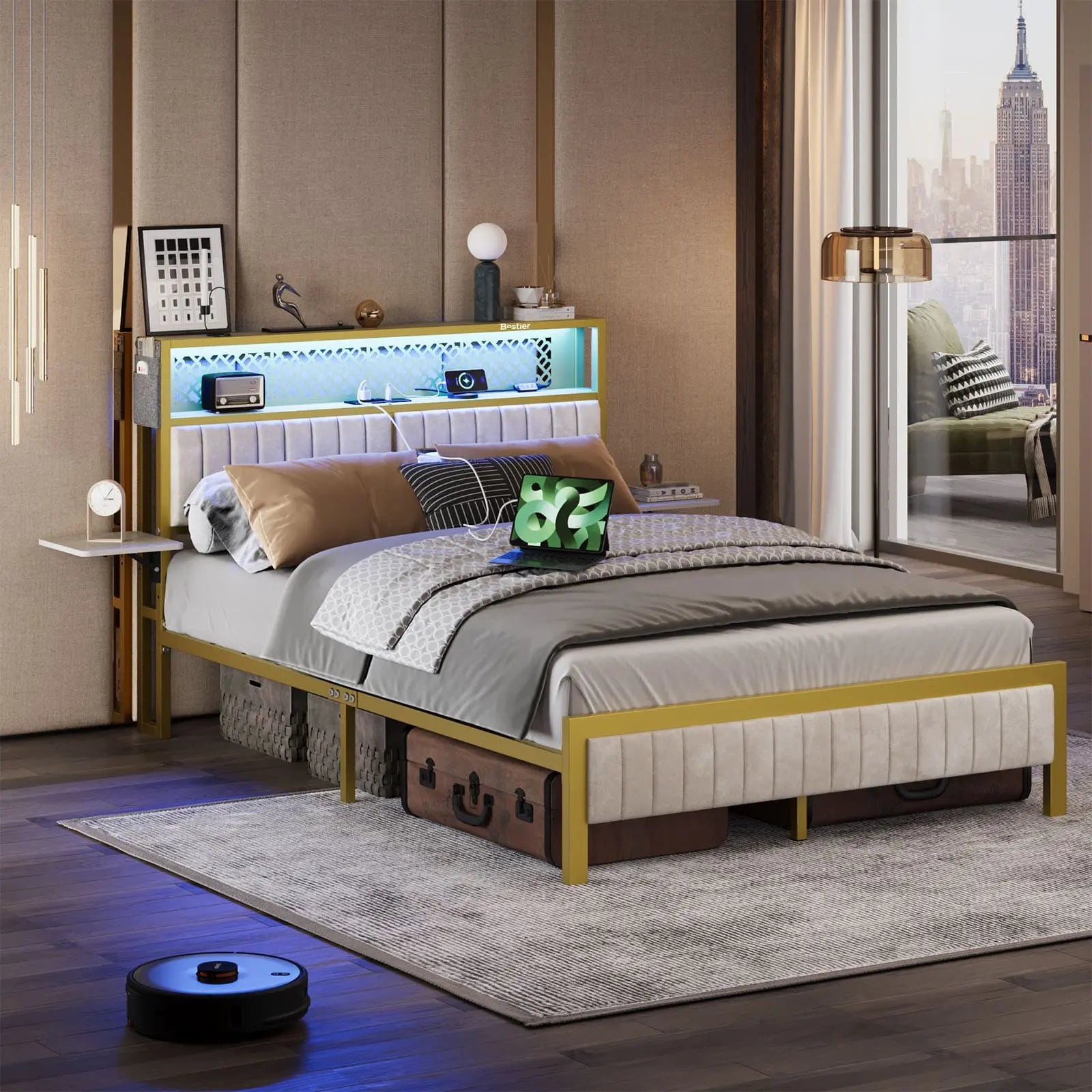 Bestier King/Queen/Full Size Bed Frame with USB Charging Station - Sturdy Metal Platform Bed with Headboard & LED Lights - Perfect for Modern Bedrooms & Guest Rooms