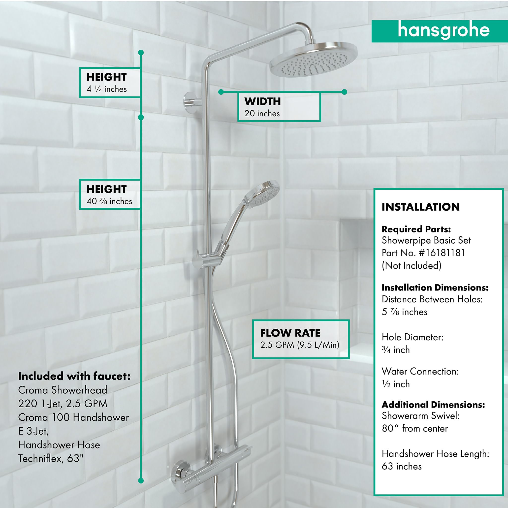 Hansgrohe Croma Chrome Shower Faucet Set with Handheld Showerhead, Rain AirPower Spray & QuickClean Shower Pipe - 27185001 Large - Perfect for Modern Bathroom Renovation & Spa-Like Shower Experience