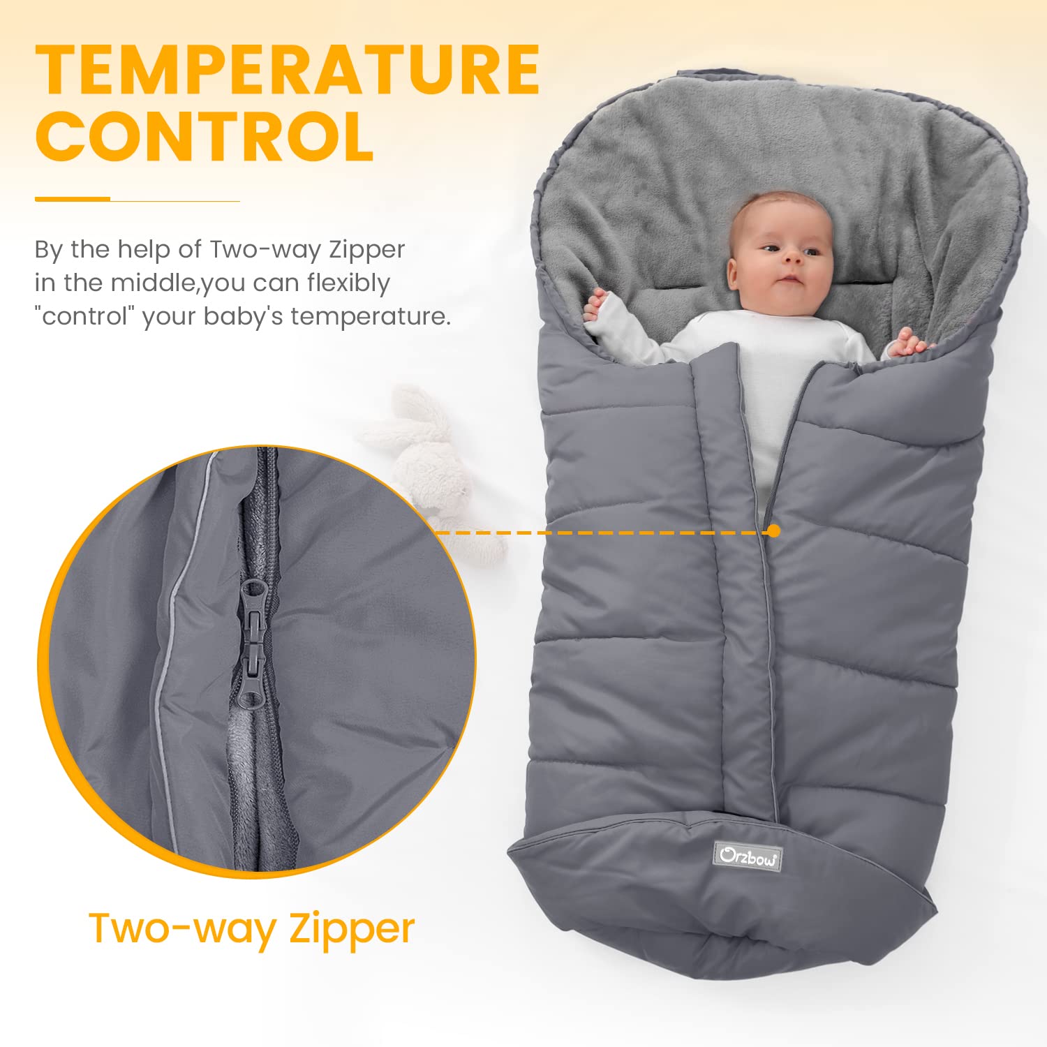 Orzbow Universal Warm Bunting Bag - Waterproof Stroller Sleeping Bag for Toddlers in Cold Weather (Grey) | Perfect for Winter Walks, Outdoor Adventures & Baby Stroller Protection