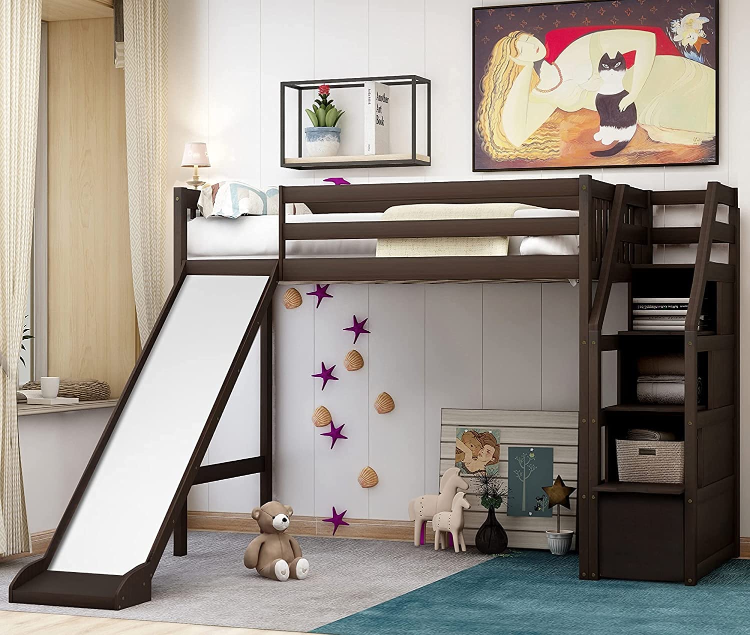 ATH-S Twin Trundle Bunk Bed for Kids - Twin Over Twin Bunk Bed with Stairs, Storage & Pull-Out Trundle - Space-Saving Kids Bedroom Furniture (Espresso/White) - Perfect for Small Rooms, Sleepovers & Sibling Sharing