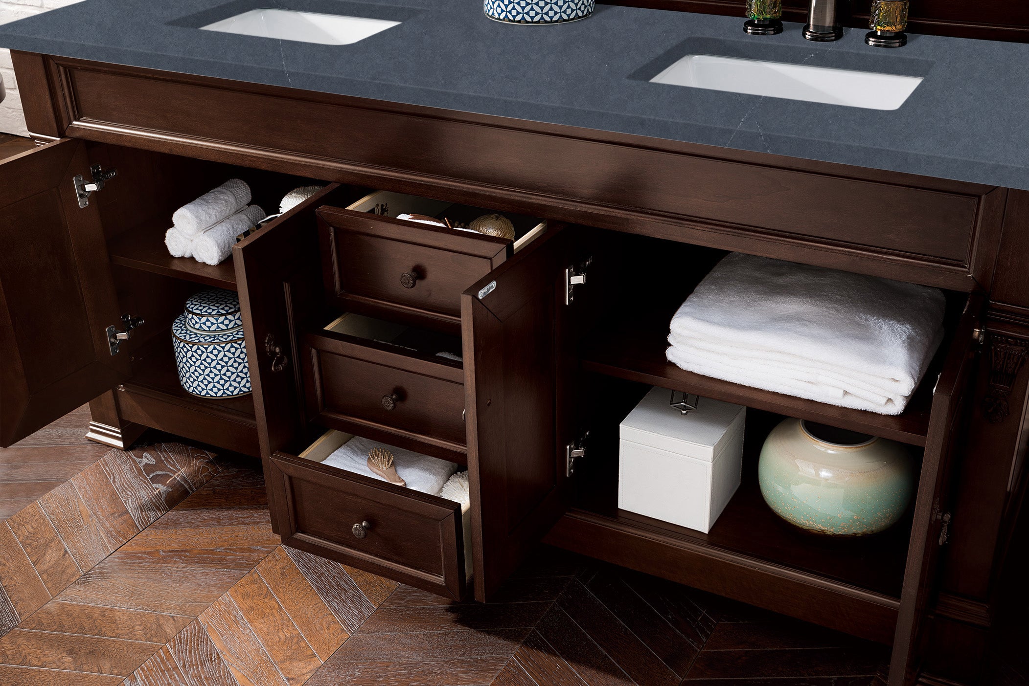 Brookfield 72 Inch Double Vanity with Burnished Mahogany Base & 3CM Charcoal Soapstone Quartz Countertop - Perfect for Master Bathroom or Luxury Home Renovation
