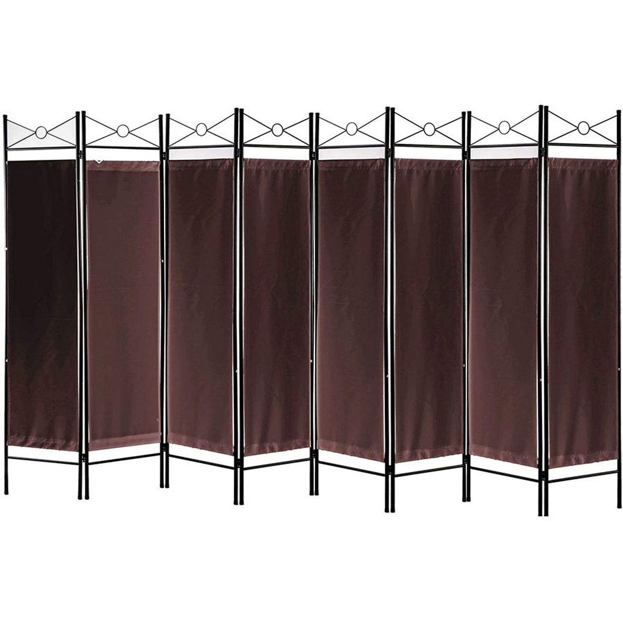 Legacy Decor 8-Panel Metal & Woven Fabric Room Divider with Two-Way Hinges in Brown - Perfect for Home Office, Living Room, and Bedroom Privacy