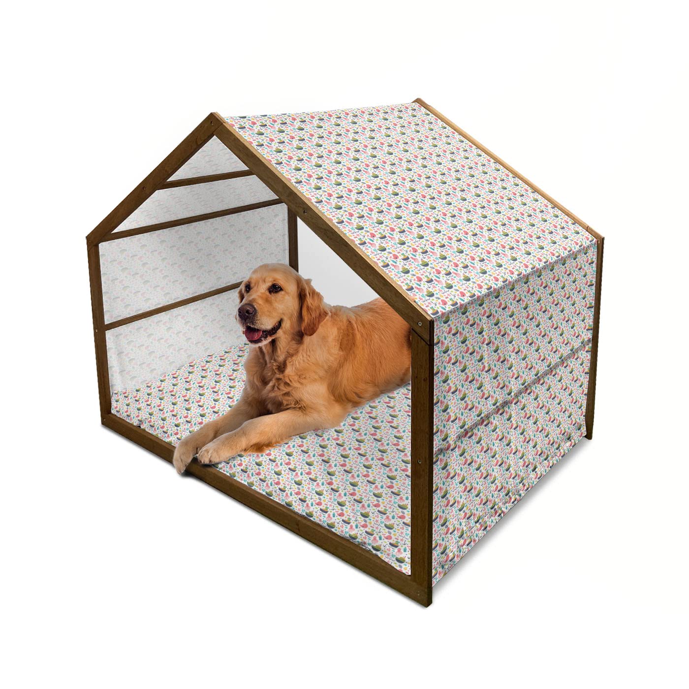 Ambesonne Octopus Themed Wooden Dog House - Summer Style Design with Steamboat, Anchor, Starfish & Seashells - Indoor/Outdoor Portable Pet Kennel with Pillow & Cover - 2X-Large Size, Multicolor - Perfect for Beach Houses, Backyards & Coastal-Themed Pet Spaces