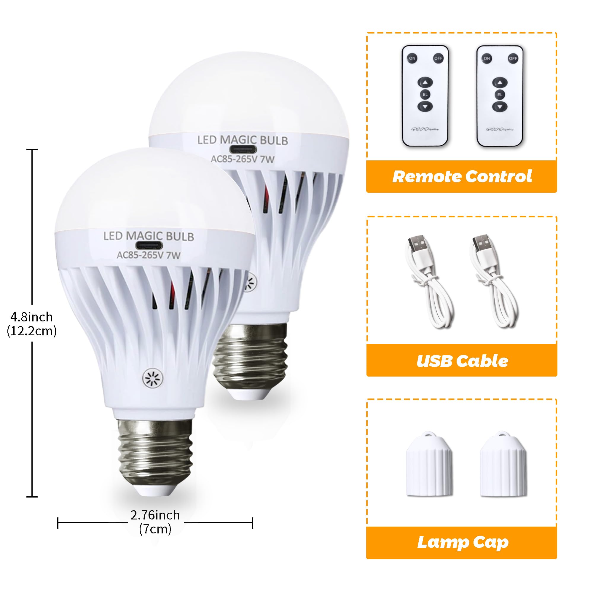 Rechargeable LED Light Bulbs with Remote - E26 Base, USB Battery Powered, Dimmable Emergency Light Bulbs for Power Outage - Cool White (2 Pack) - Perfect for Home, Bedroom, Lamp, Camping & Emergency Preparedness