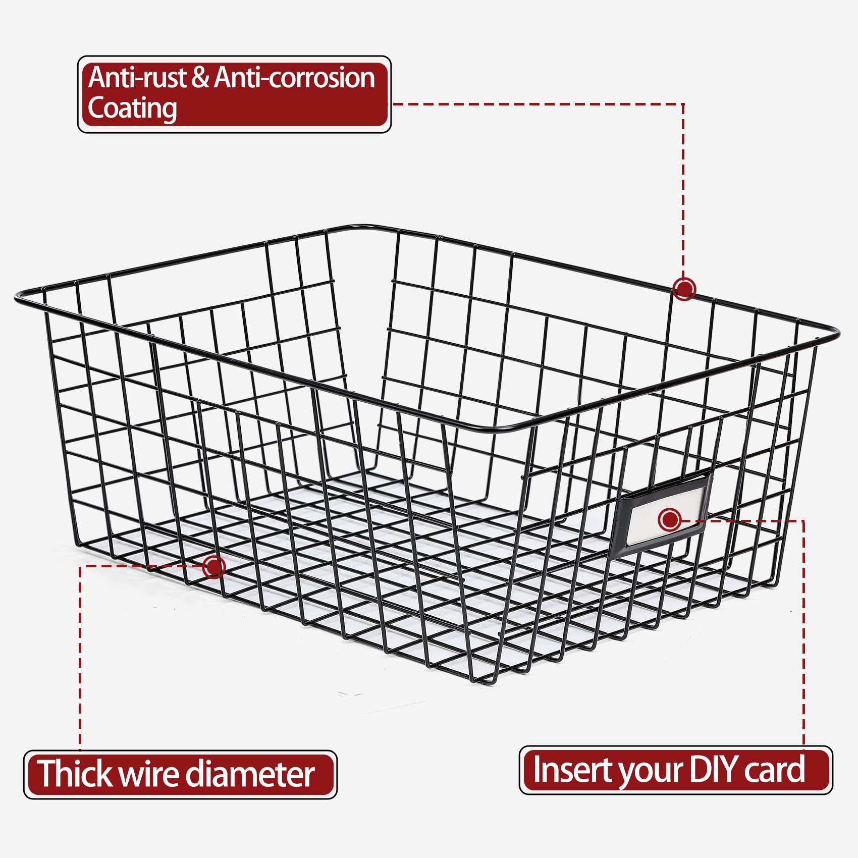 6-Pack Extra Large Metal Wire Storage Baskets with Labels - Black Pantry Organizer Bins for Kitchen, Laundry, Garage, Fridge & Bathroom Countertop - Perfect for Home Organization and Decluttering Spaces