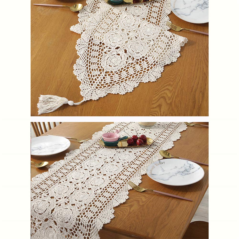 Handmade Hollow Woven Table Runner - American Country Retro Style Dining Table Decor with Pointed Fringe | Cotton TV Cabinet & Coffee Table Dustproof Cloth | Perfect for Farmhouse, Rustic & Boho Home Decor
