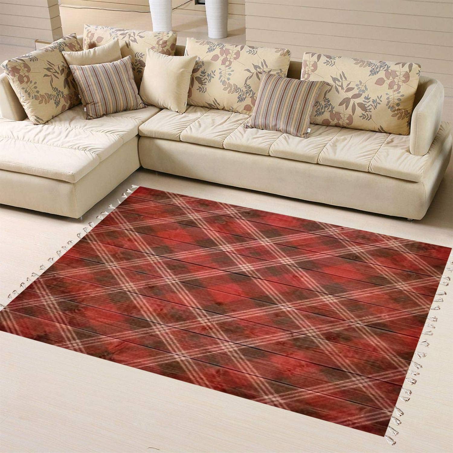 Boho Red Plaid Tartan Textured Area Rug - Seamless Linen Carpet for Living Room, Bedroom, Patio & Hallway | Minimalist Home Decor, Fashionable Floor Mat for Indoor & Outdoor Use