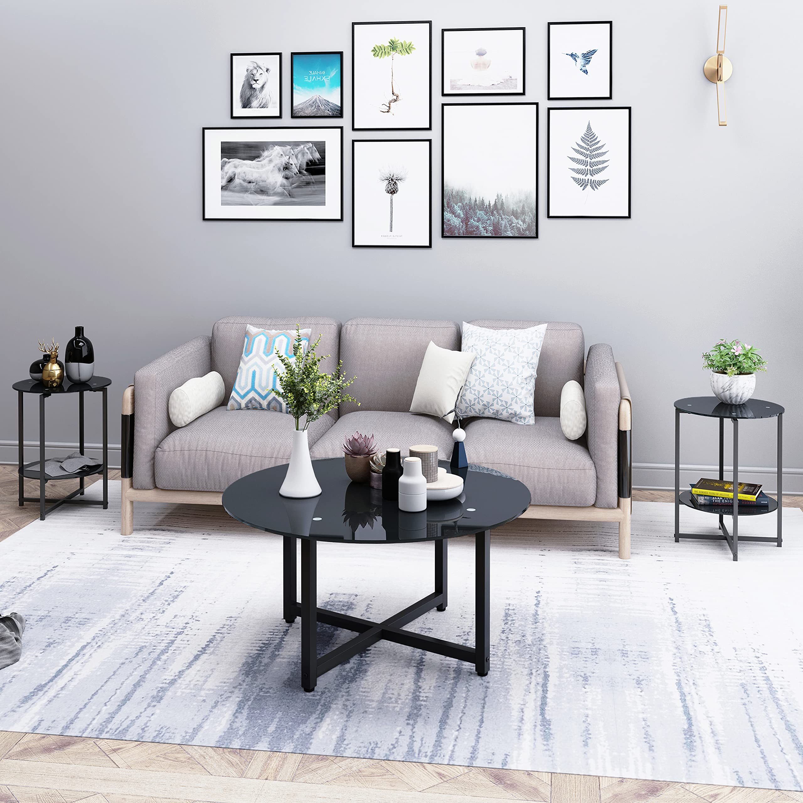 Modern Round Glass Coffee Table with Black Tempered Glass Top & Metal Legs - Stylish Center Table for Living Room, Office & Lounge Areas - Perfect for Home Decor, Entertaining Guests & Workspace Accent