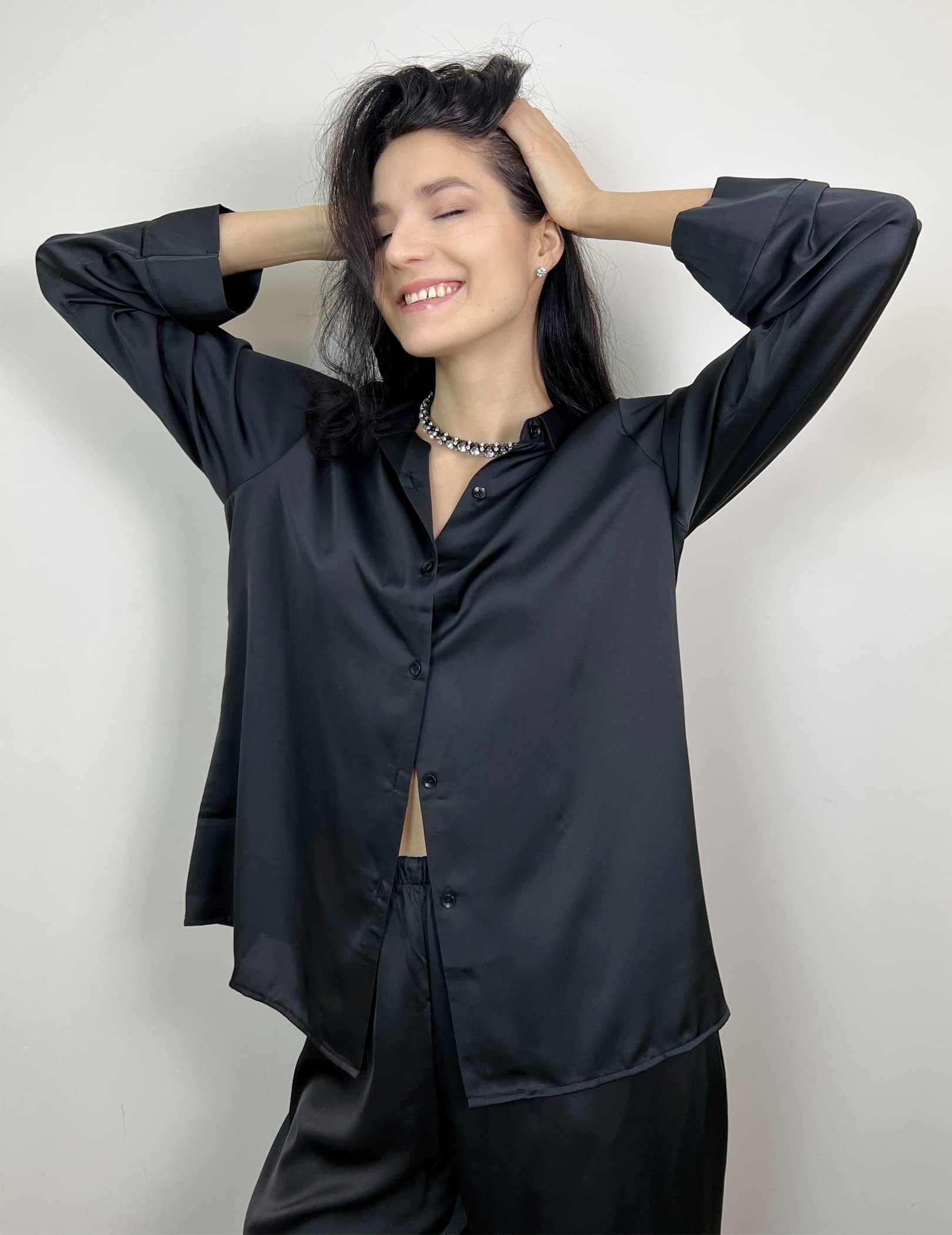 Chigant Women's Satin Silk Blouse - Button Down Long Sleeve Shirt for Office Work & Casual Wear | Elegant Loose Tunic Top for Business, Dating & Special Occasions